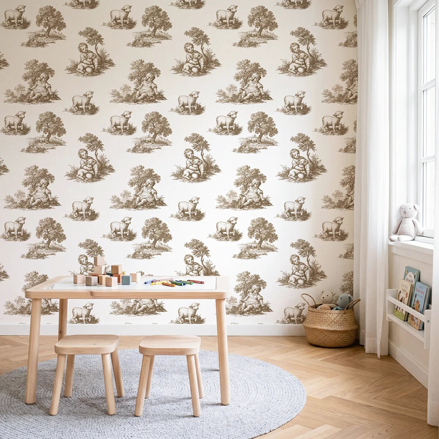 Pastoral Toile Scene in Brown wallpaper in a styled nursery - Whimsy Tots