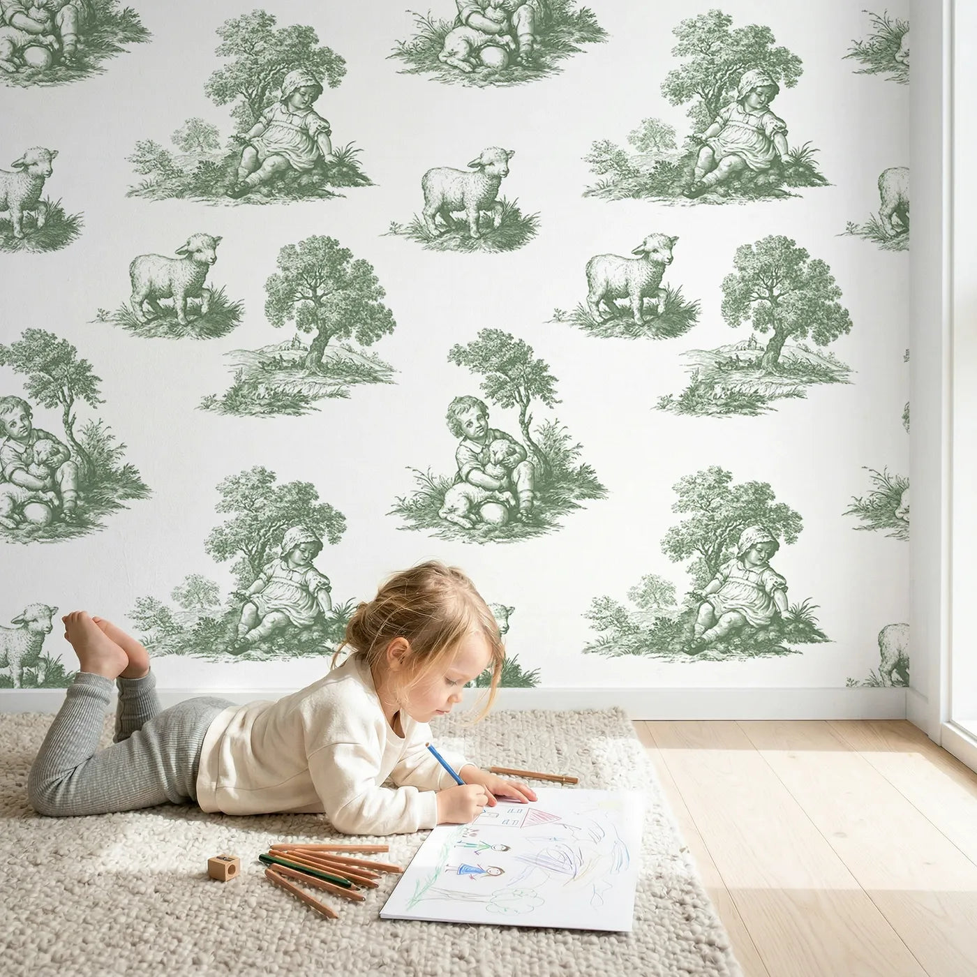 Pastoral Toile Scene in Green wallpaper in a cozy kids room - Whimsy Tots