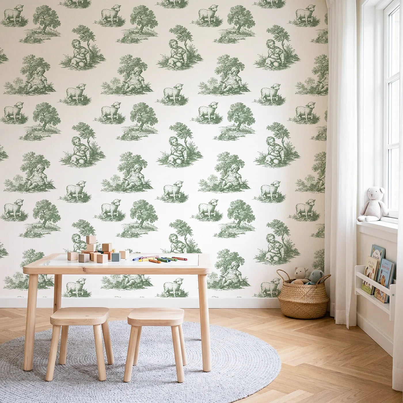 Pastoral Toile Scene in Green wallpaper in a styled nursery - Whimsy Tots