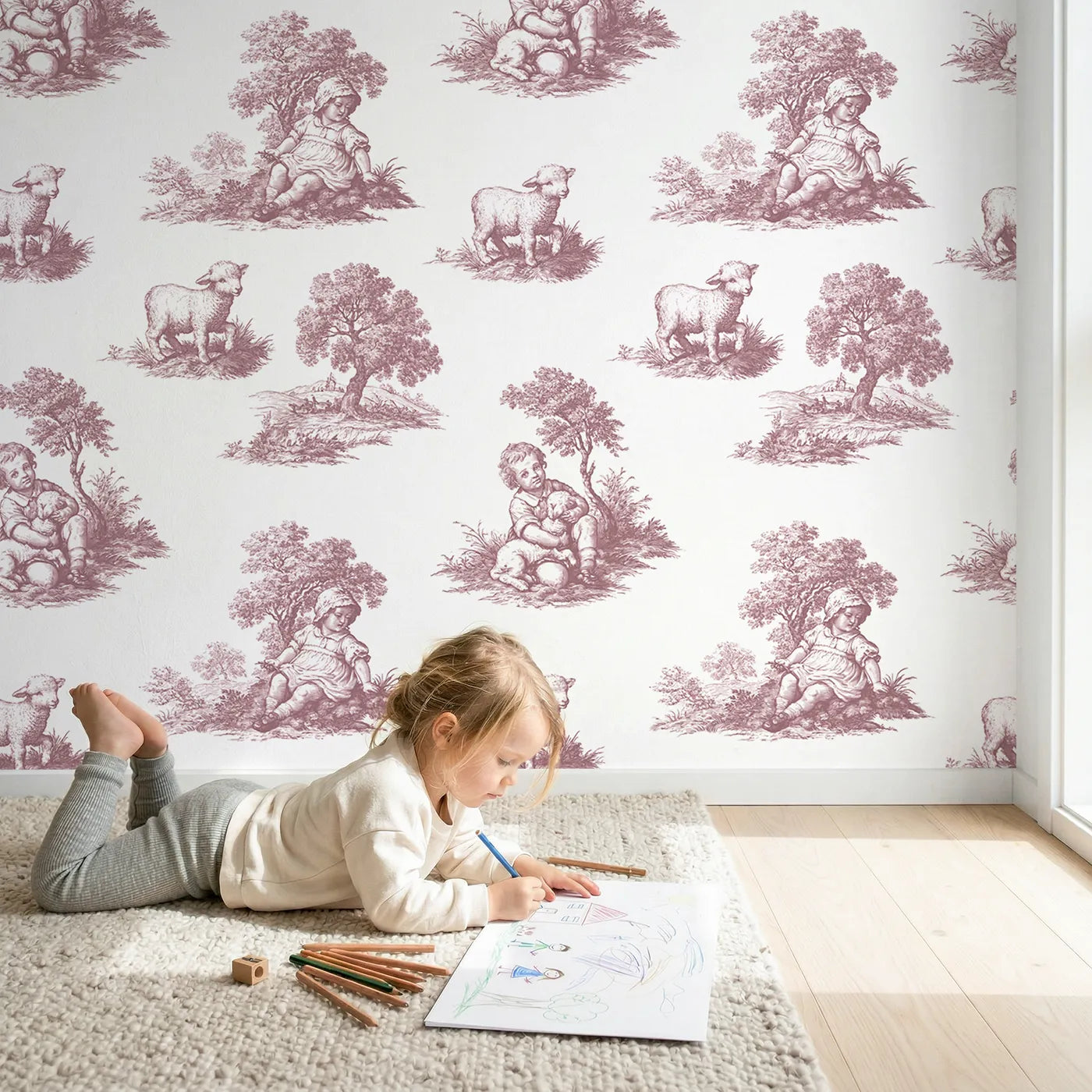 Pastoral Toile Scene in Pink wallpaper in a cozy kids room - Whimsy Tots