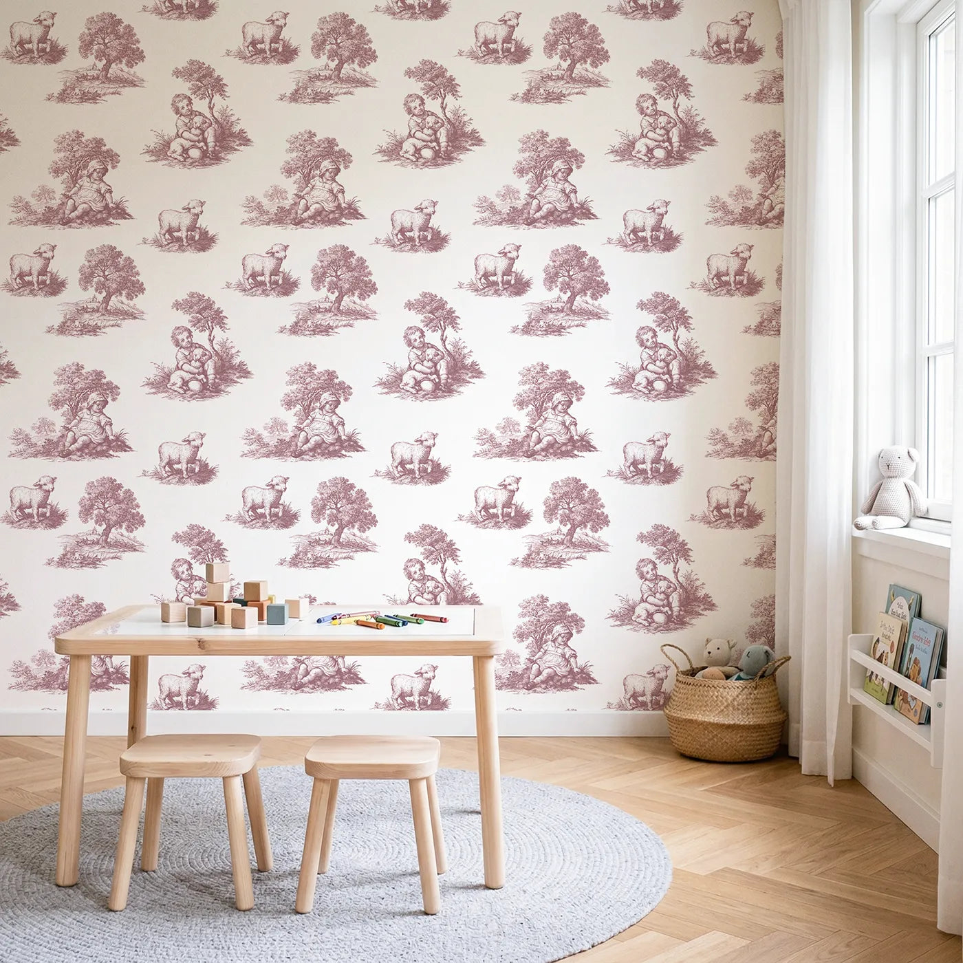 Pastoral Toile Scene in Pink wallpaper in a styled nursery - Whimsy Tots