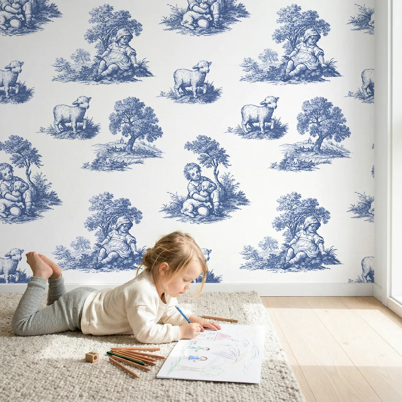 Pastoral Toile Scene wallpaper in a cozy kids room - Whimsy Tots
