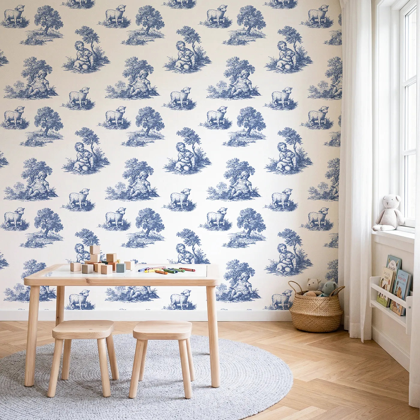 Pastoral Toile Scene wallpaper in a styled nursery - Whimsy Tots