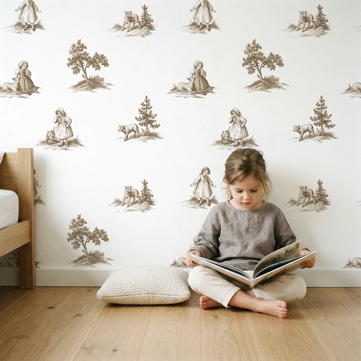 Pastoral Toile Garden in Brown wallpaper in a cozy kids room - Whimsy Tots