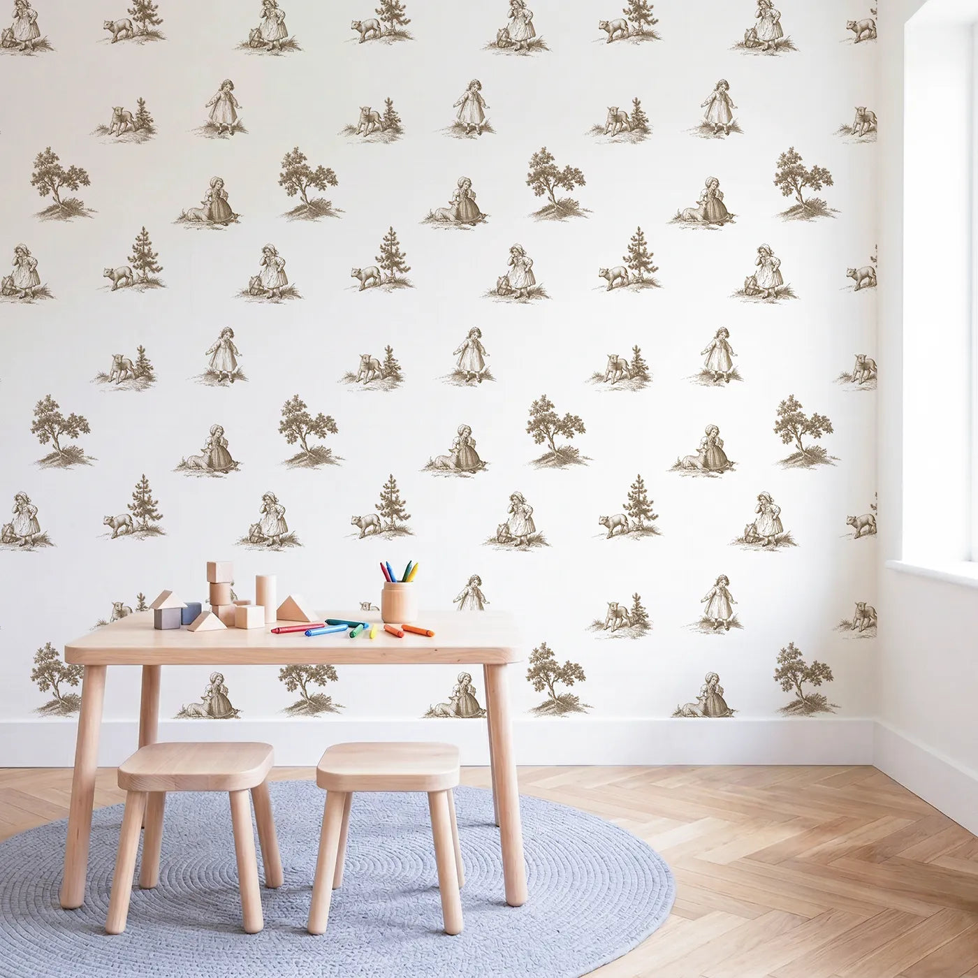 Pastoral Toile Garden in Brown wallpaper in a styled nursery - Whimsy Tots