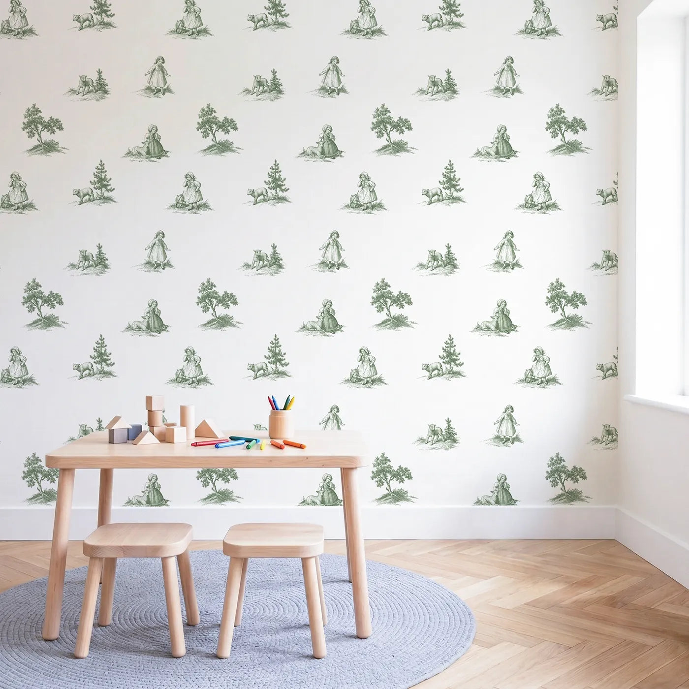Pastoral Toile Garden in Green wallpaper in a styled nursery - Whimsy Tots