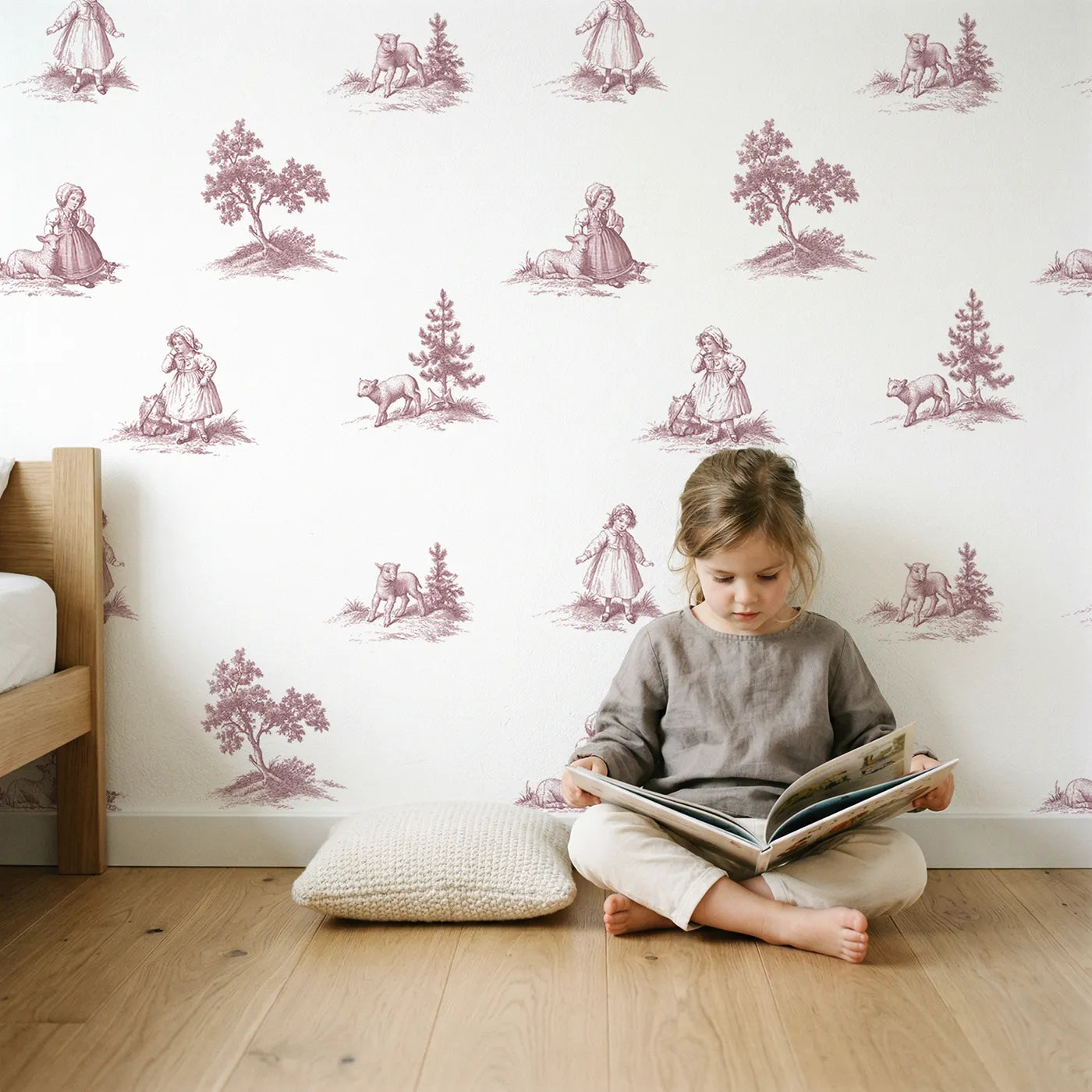 Pastoral Toile Garden in Pink wallpaper in a cozy kids room - Whimsy Tots