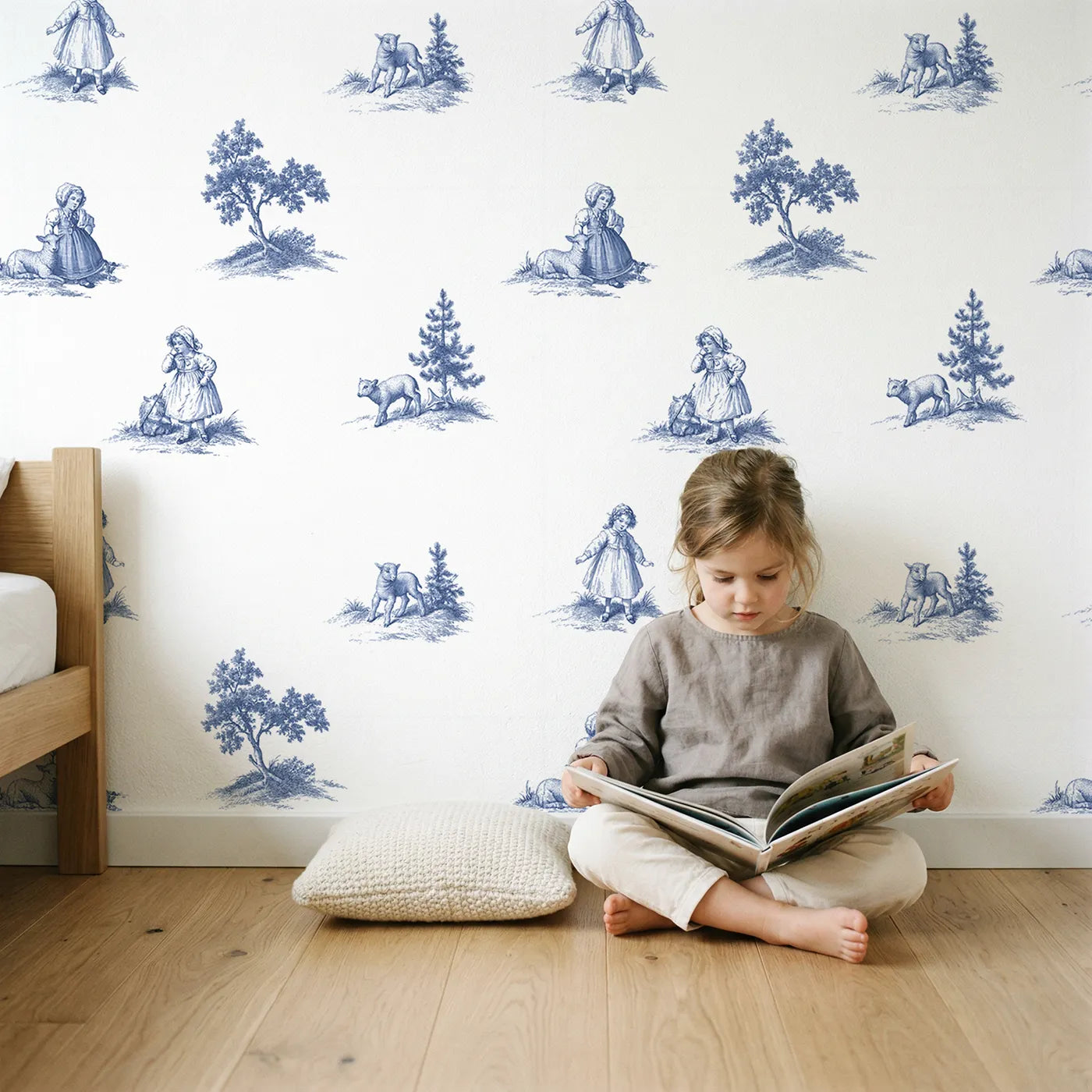 Pastoral Toile Garden wallpaper in a cozy kids room - Whimsy Tots