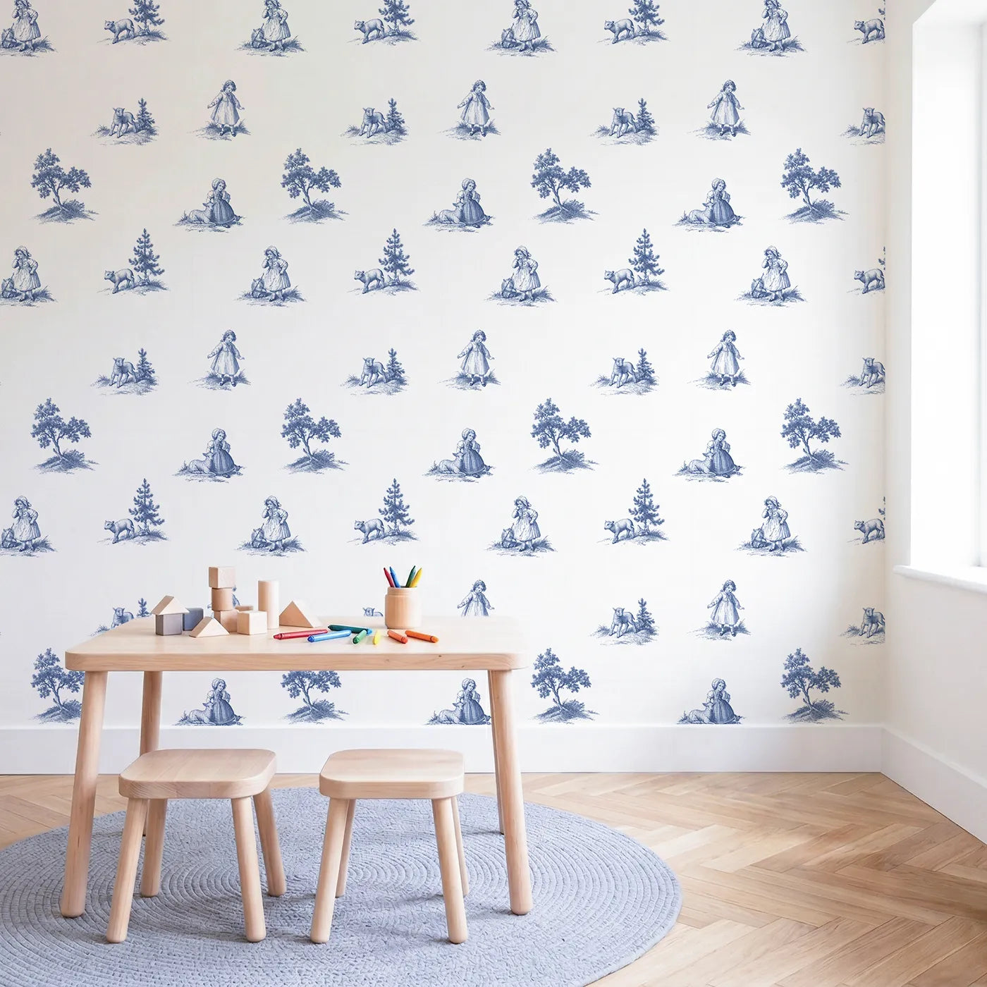 Pastoral Toile Garden wallpaper in a styled nursery - Whimsy Tots
