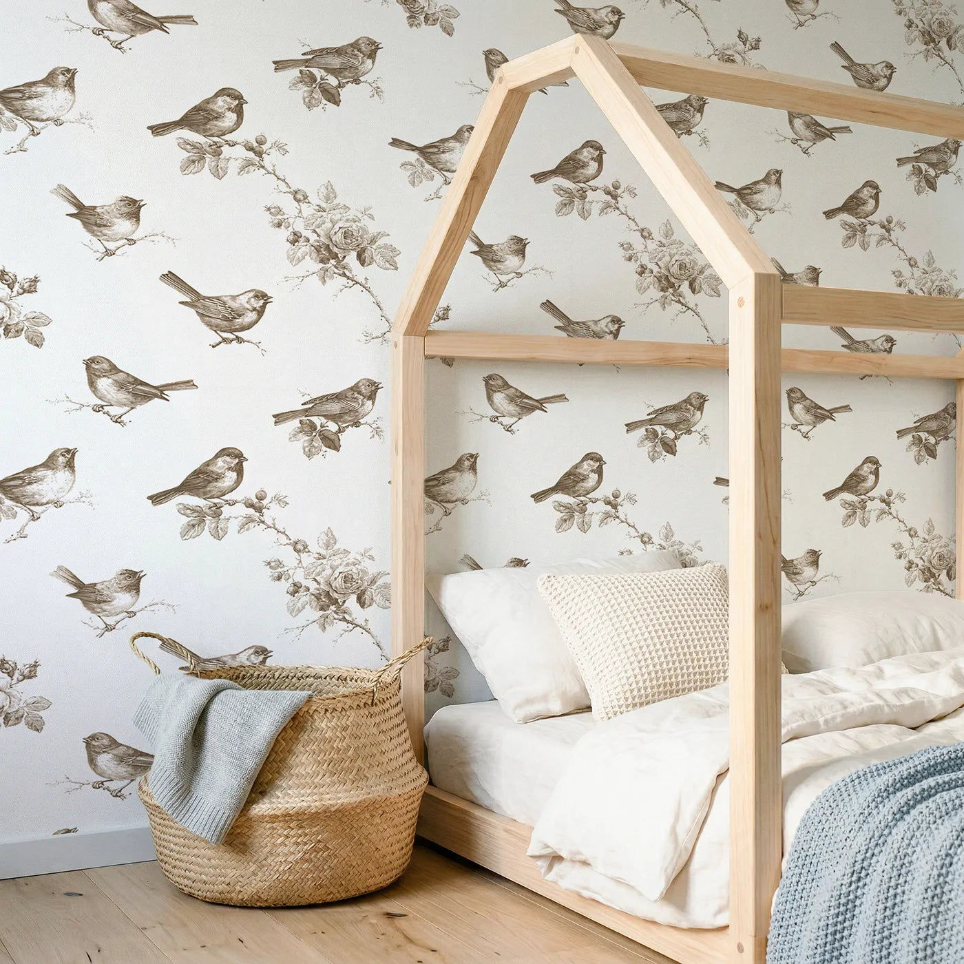 Songbird Toile Toss in Brown wallpaper in a styled nursery - Whimsy Tots
