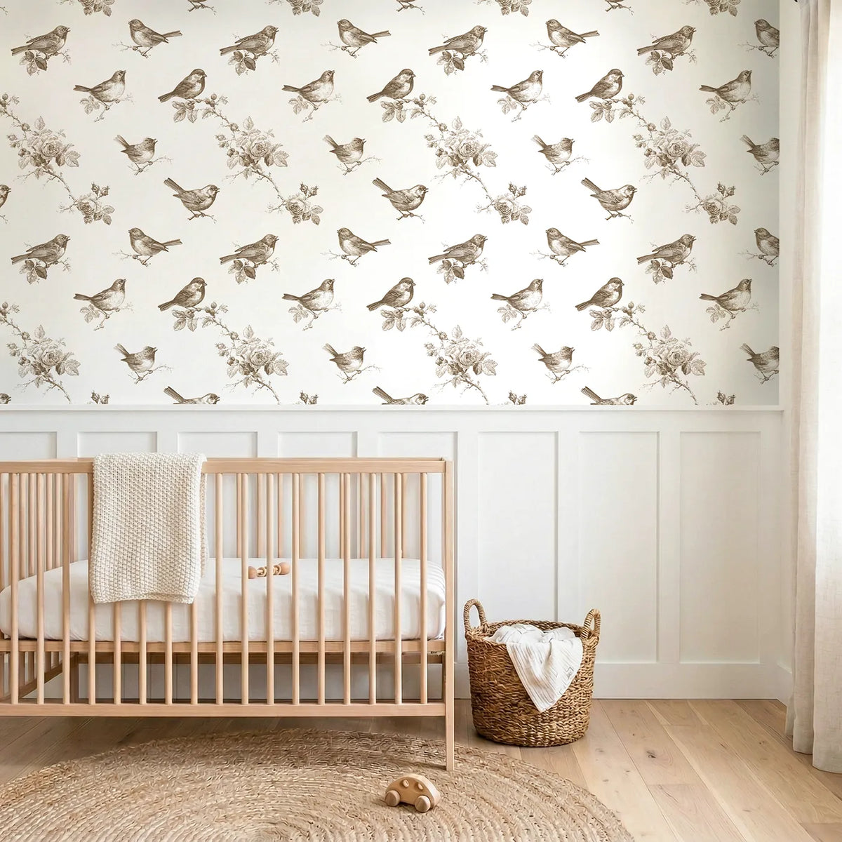 Songbird Toile Toss in Brown wallpaper above wainscoting - Whimsy Tots