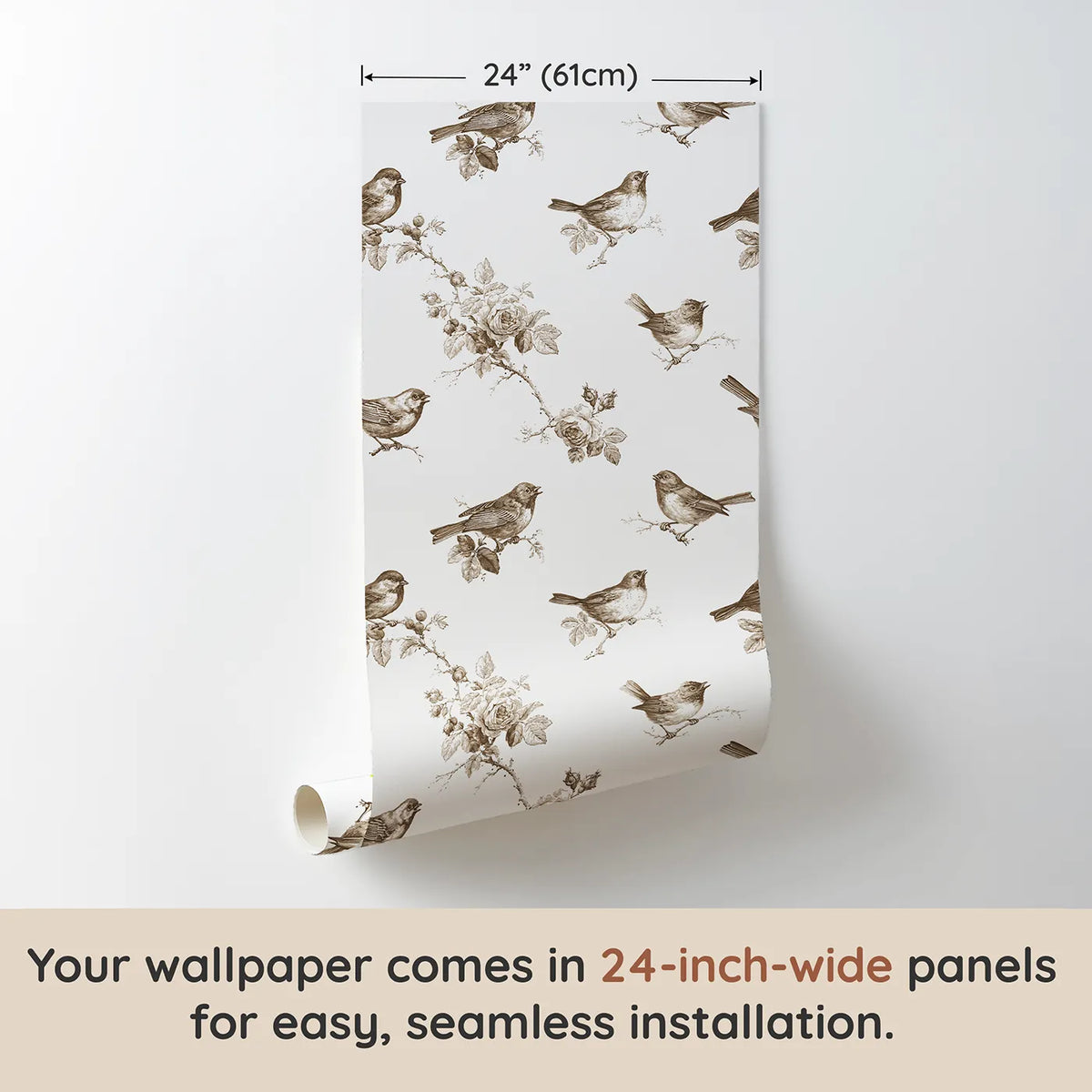 Songbird Toile Toss in Brown wallpaper panel dimensions - Whimsy Tots
