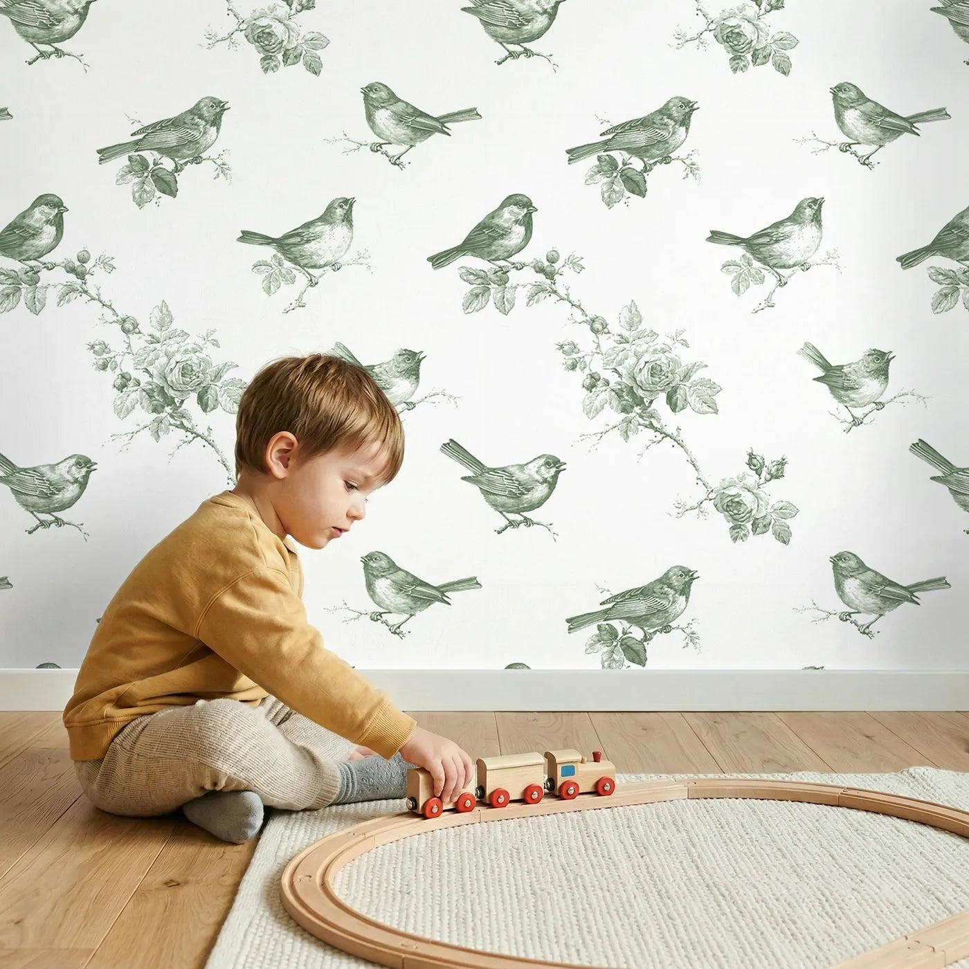 Songbird Toile Toss in Green wallpaper in a cozy kids room - Whimsy Tots
