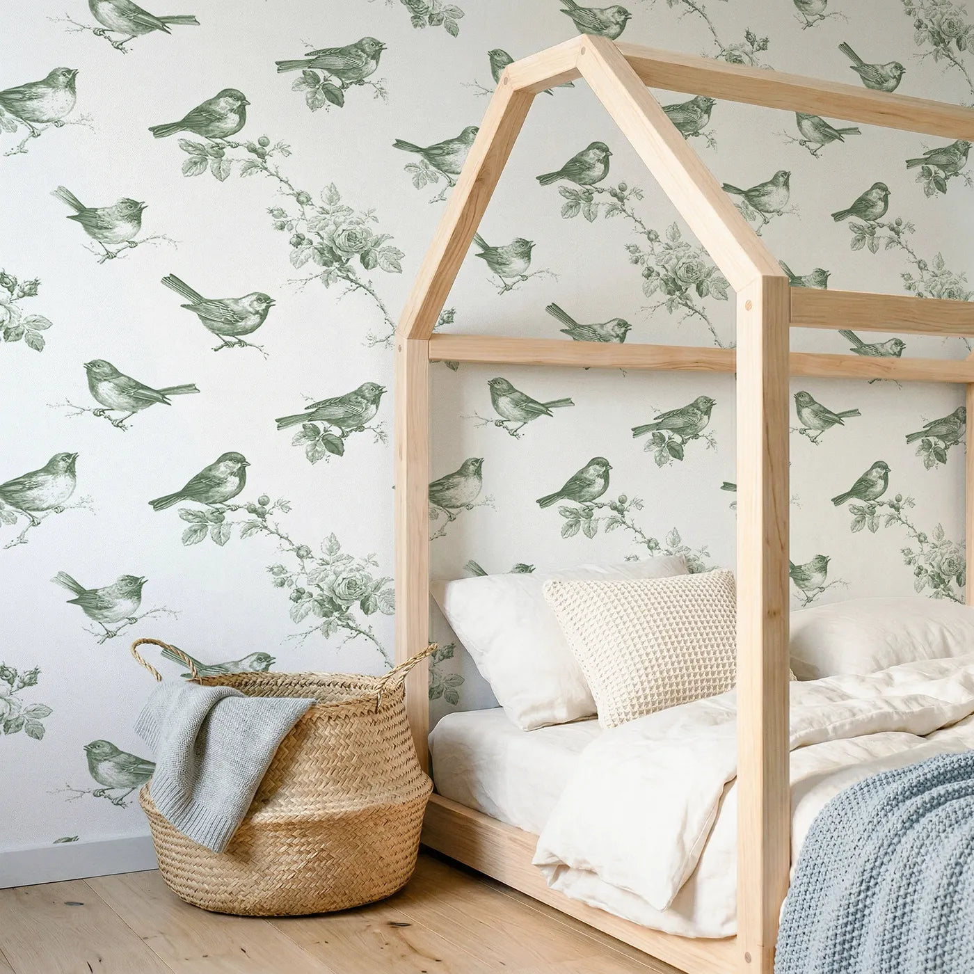 Songbird Toile Toss in Green wallpaper in a styled nursery - Whimsy Tots