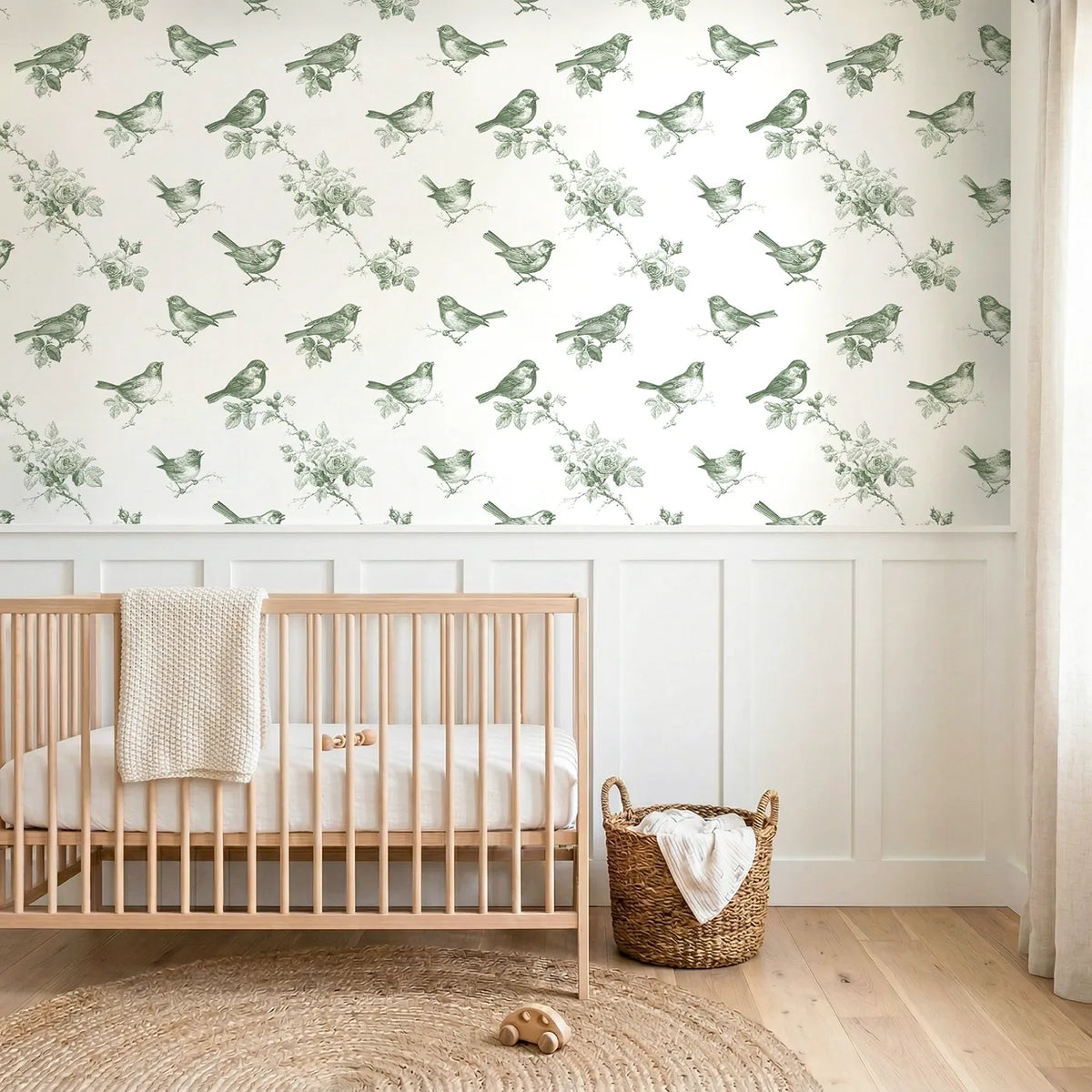Songbird Toile Toss in Green wallpaper above wainscoting - Whimsy Tots