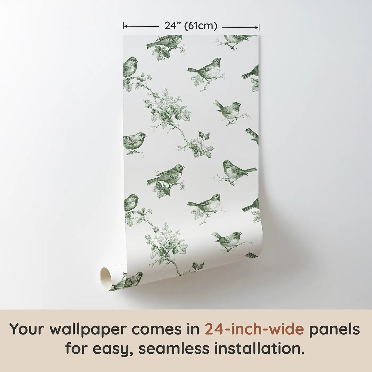 Songbird Toile Toss in Green wallpaper panel dimensions - Whimsy Tots