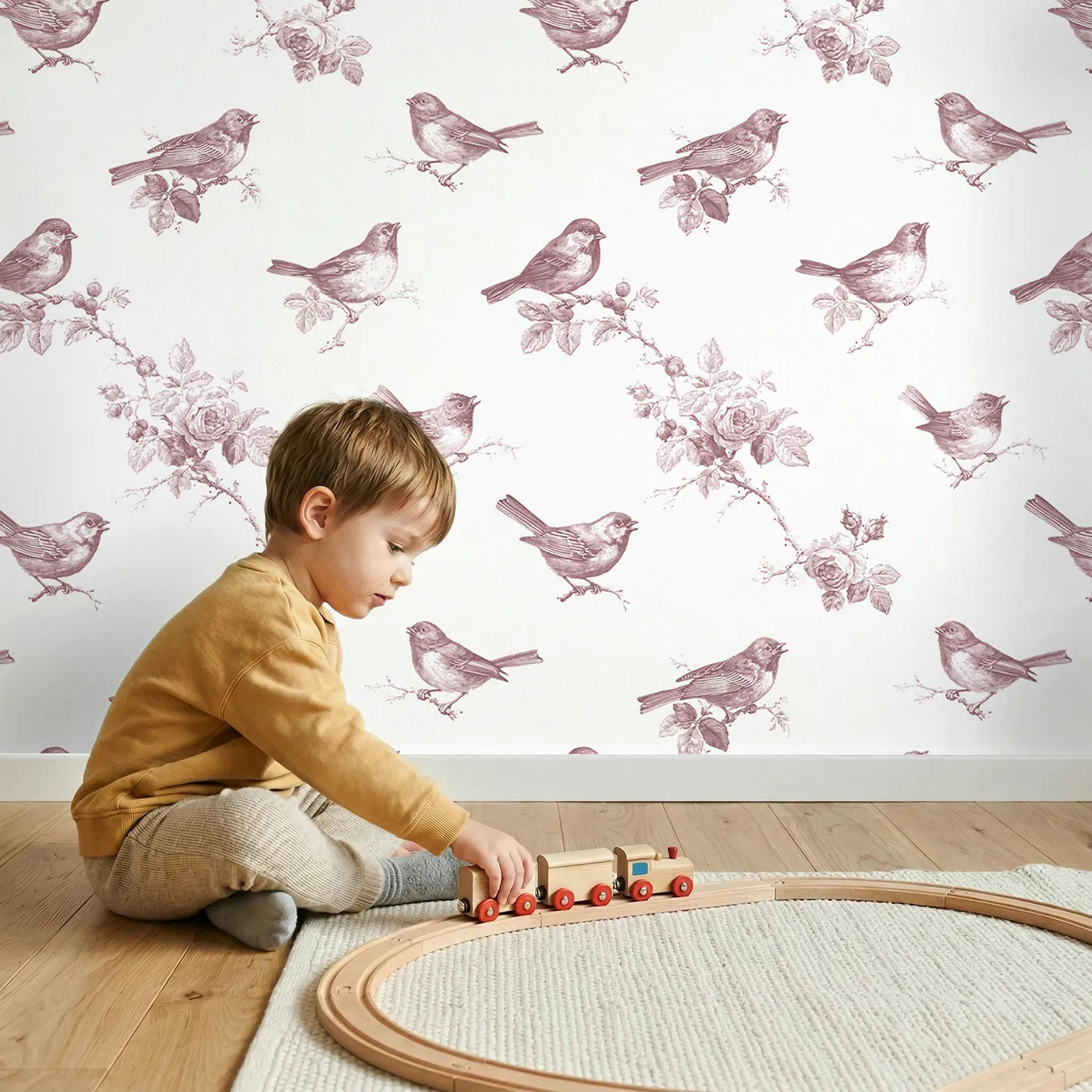 Songbird Toile Toss in Pink wallpaper in a cozy kids room - Whimsy Tots