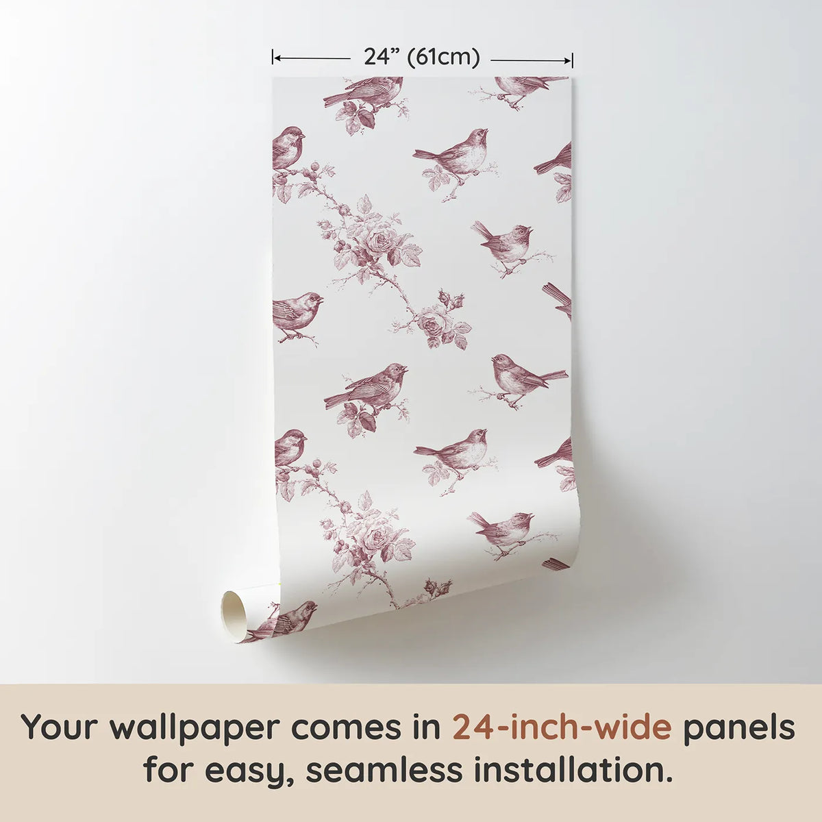 Songbird Toile Toss in Pink wallpaper panel dimensions - Whimsy Tots