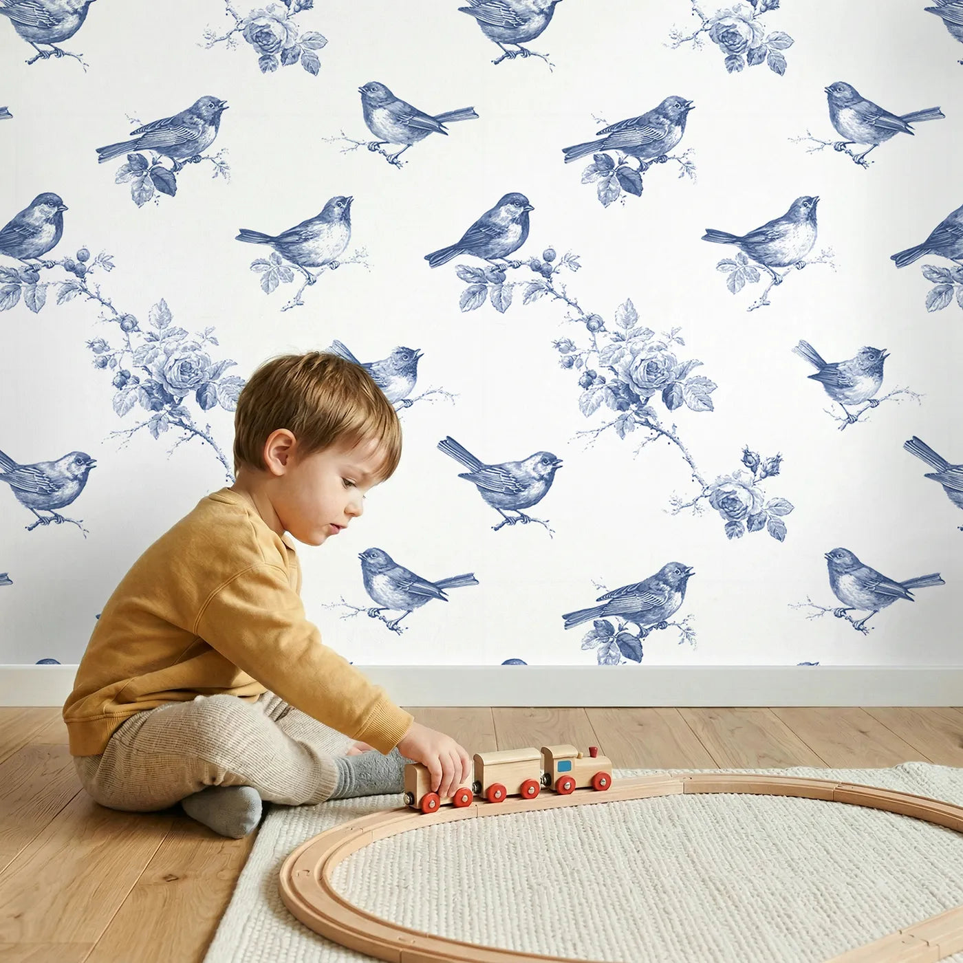 Songbird Toile Toss wallpaper in a cozy kids room - Whimsy Tots