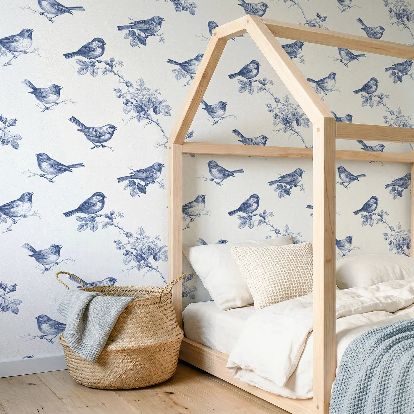 Songbird Toile Toss wallpaper in a styled nursery - Whimsy Tots