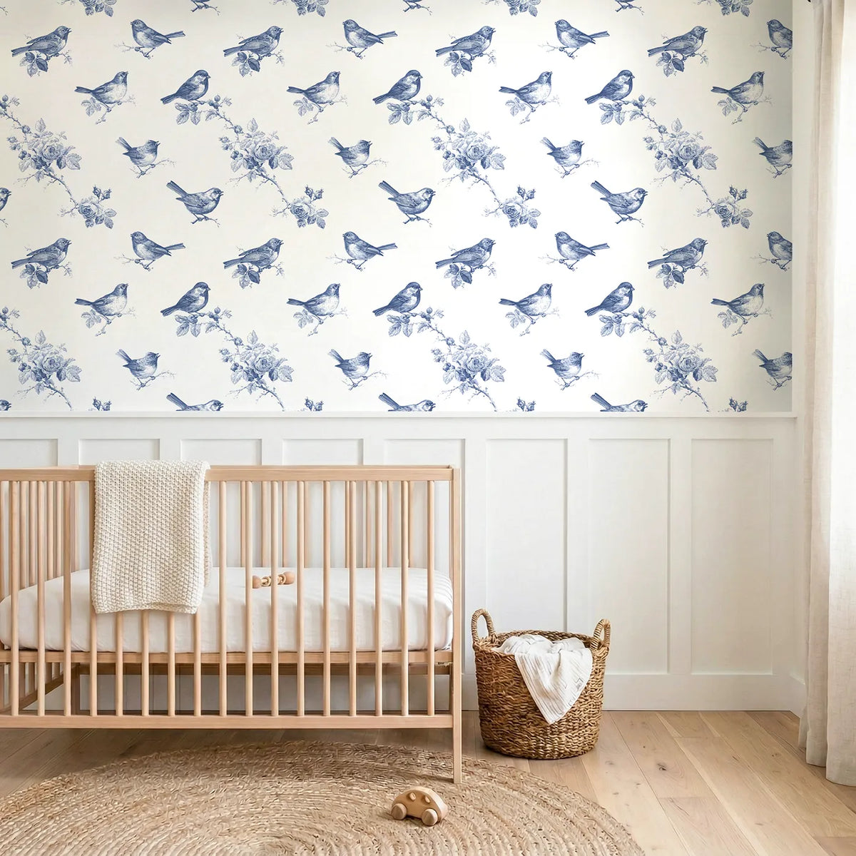 Songbird Toile Toss wallpaper above wainscoting - Whimsy Tots
