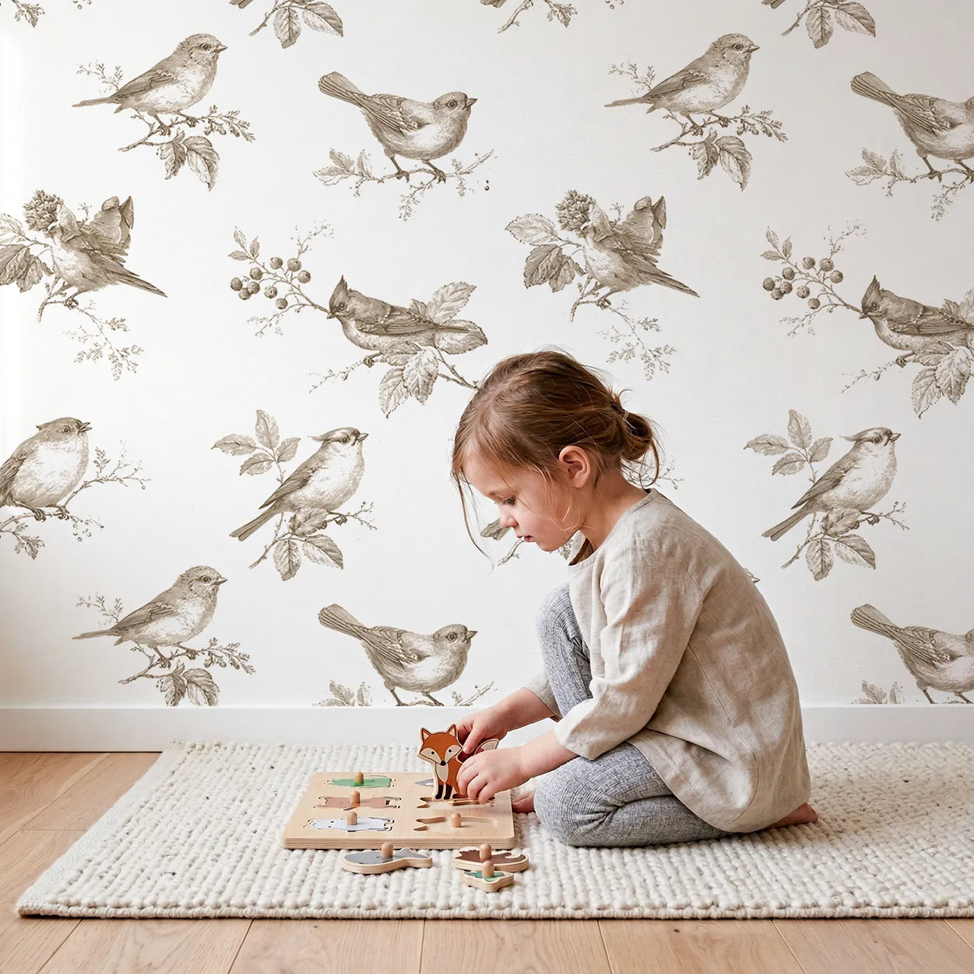 Songbird Toile Rows in Brown wallpaper in a cozy kids room - Whimsy Tots