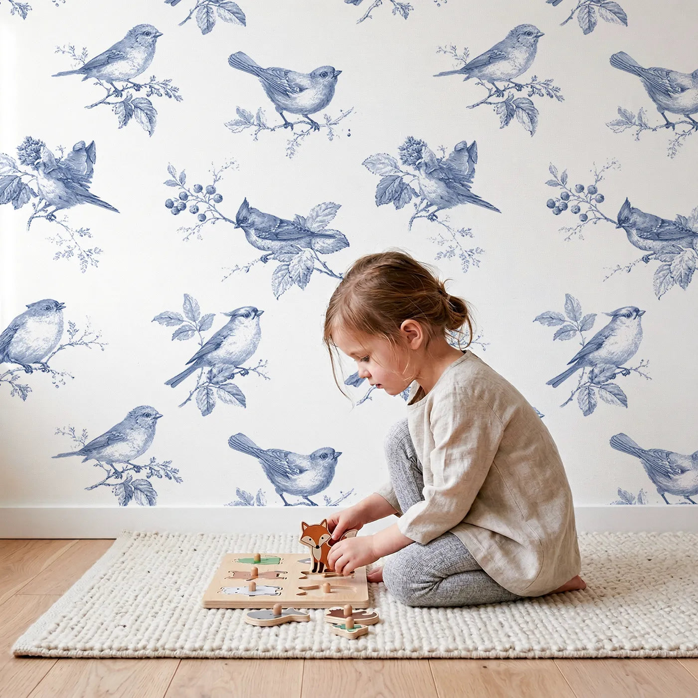 Songbird Toile Rows wallpaper in a cozy kids room - Whimsy Tots