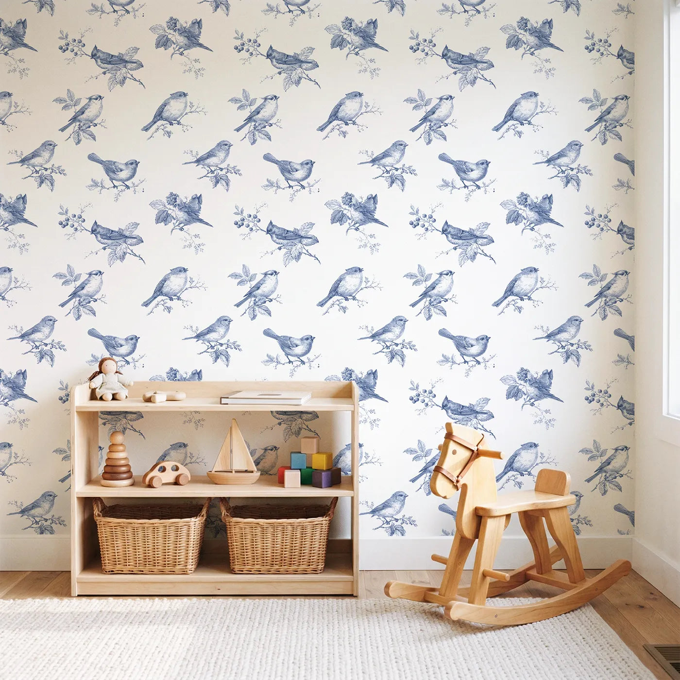 Songbird Toile Rows wallpaper in a styled nursery - Whimsy Tots