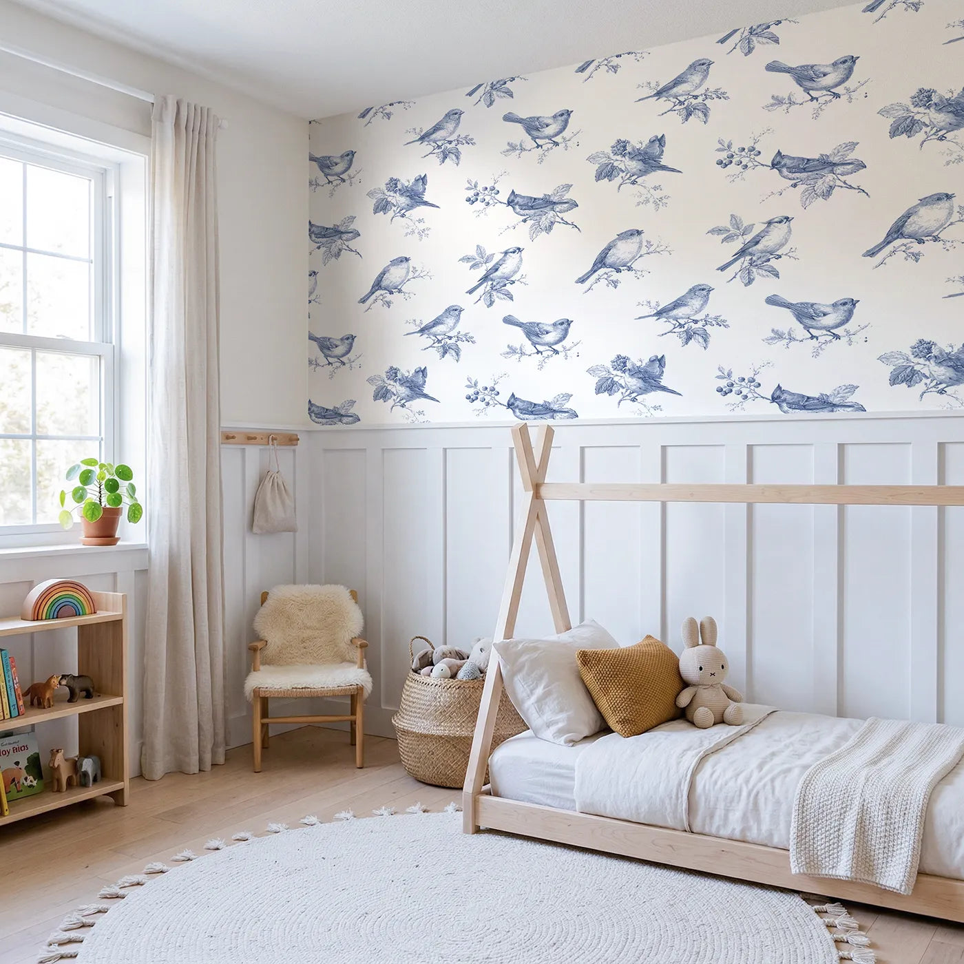 Songbird Toile Rows wallpaper above wainscoting - Whimsy Tots