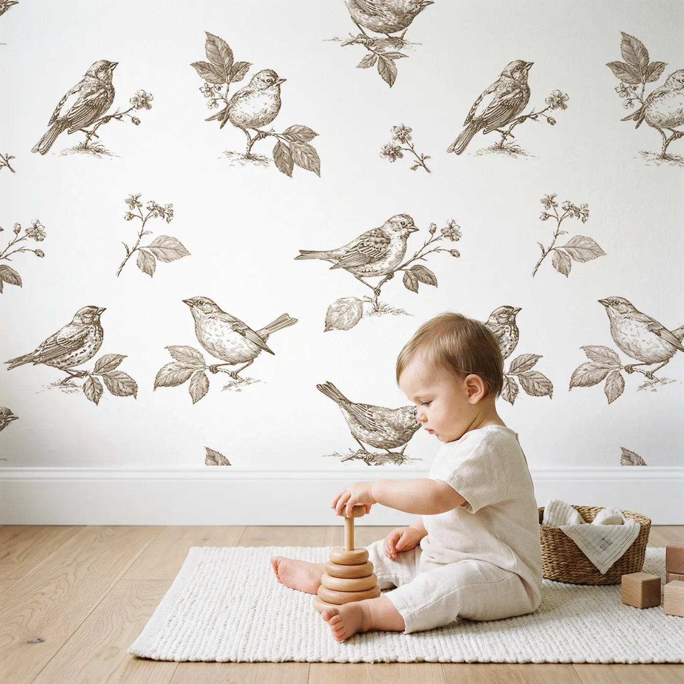 Songbird Toile Scene in Brown wallpaper in a cozy kids room - Whimsy Tots