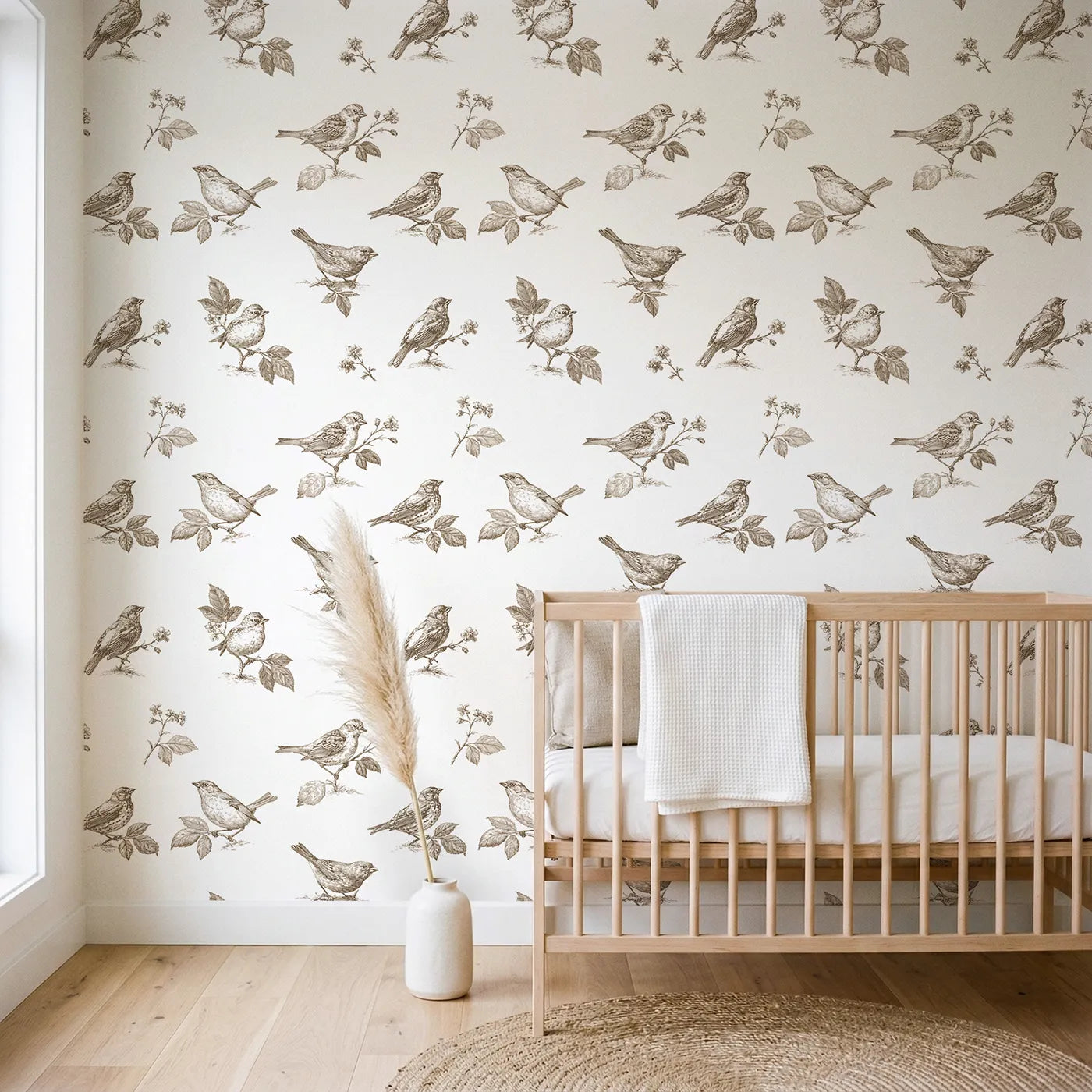 Songbird Toile Scene in Brown wallpaper in a styled nursery - Whimsy Tots