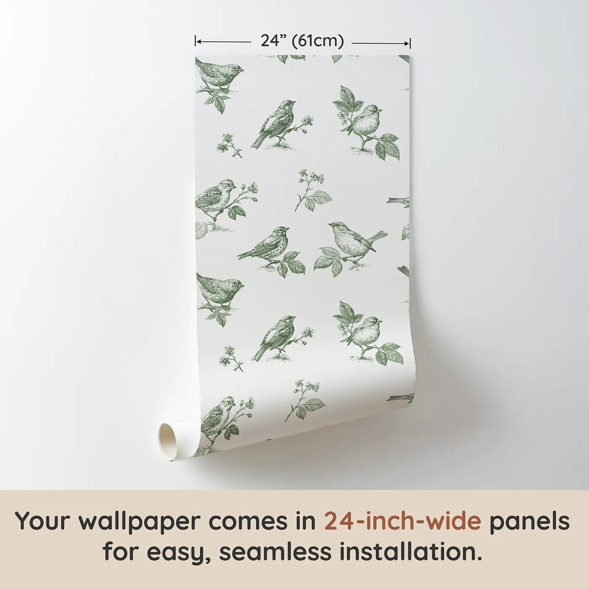 Songbird Toile Scene in Green wallpaper panel dimensions - Whimsy Tots