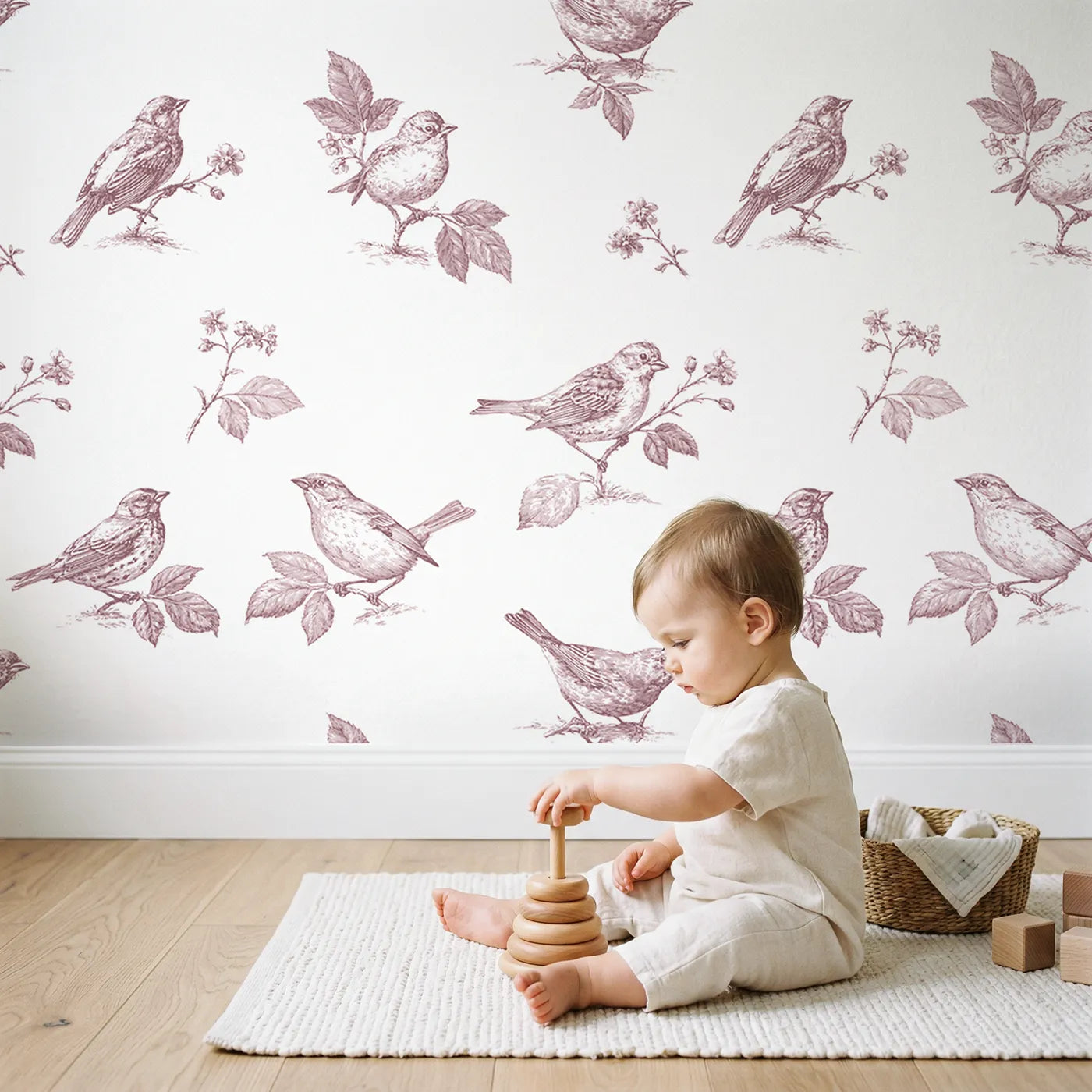 Songbird Toile Scene in Pink wallpaper in a cozy kids room - Whimsy Tots