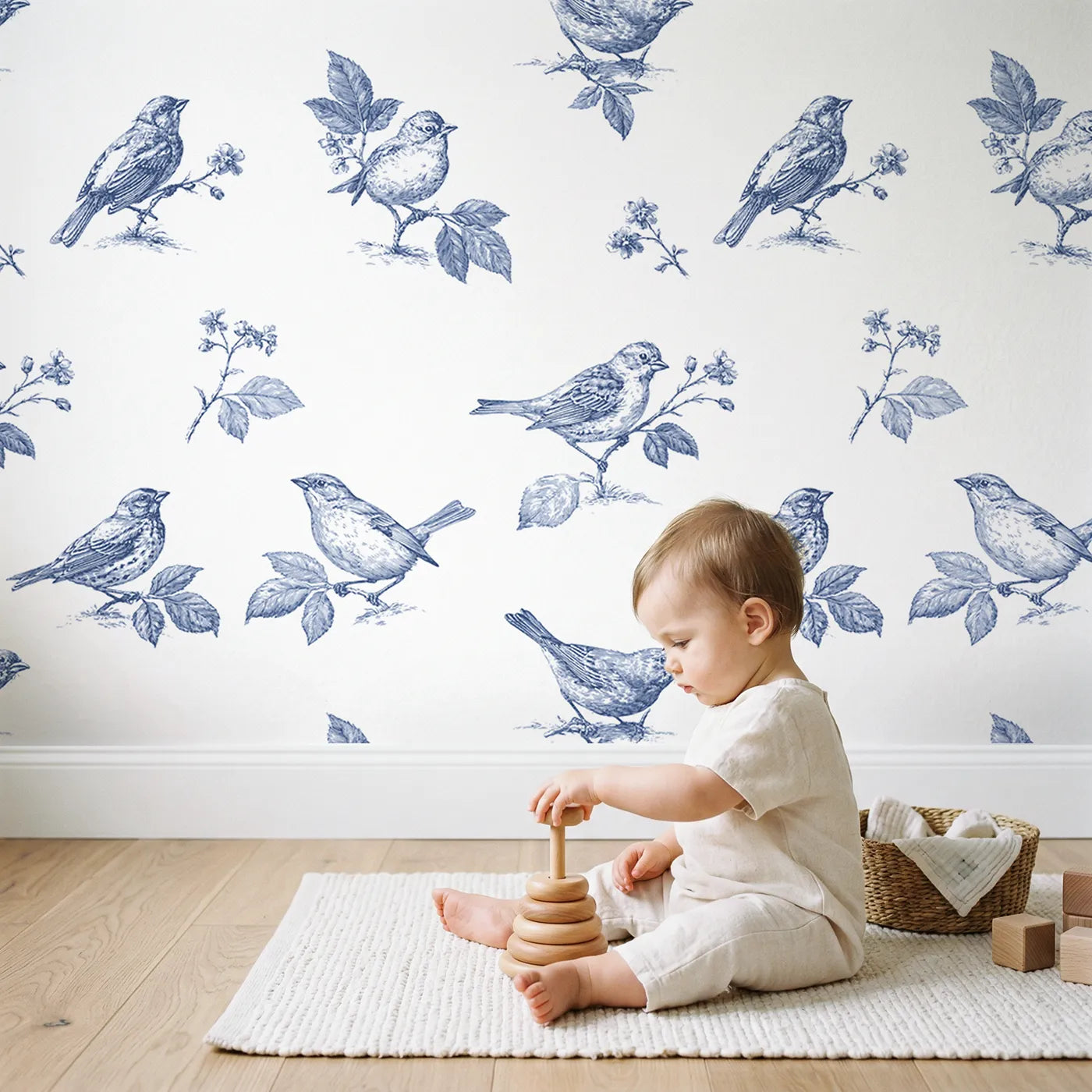 Songbird Toile Scene wallpaper in a cozy kids room - Whimsy Tots