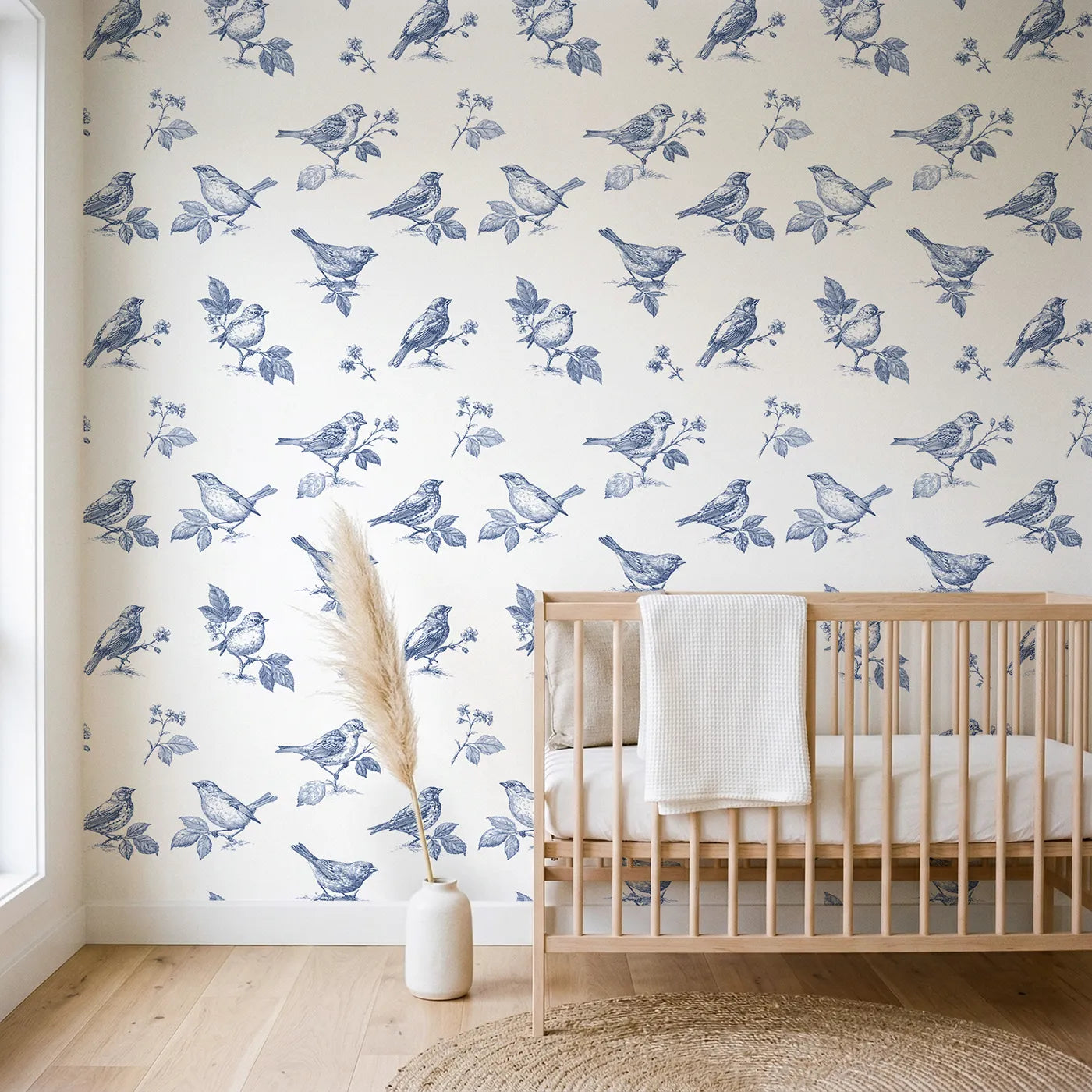 Songbird Toile Scene wallpaper in a styled nursery - Whimsy Tots