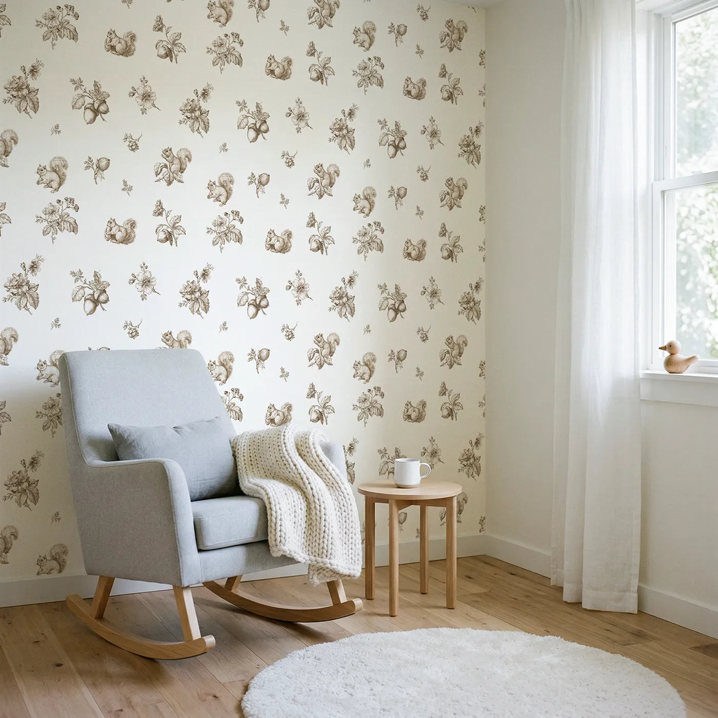 Squirrel Toile Toss in Brown wallpaper in a styled nursery - Whimsy Tots
