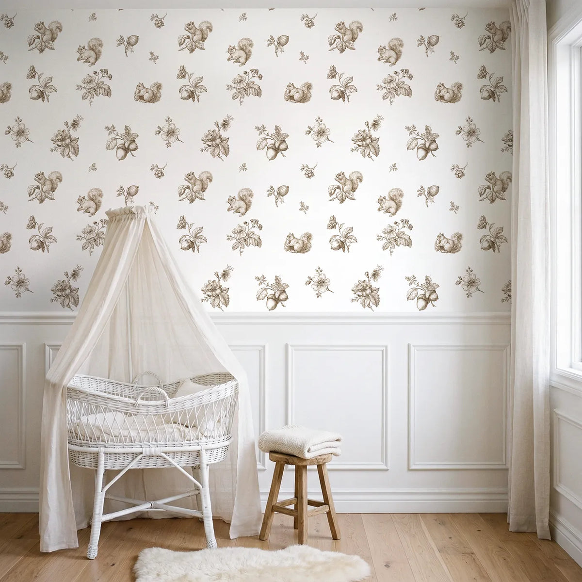 Squirrel Toile Toss in Brown wallpaper above wainscoting - Whimsy Tots