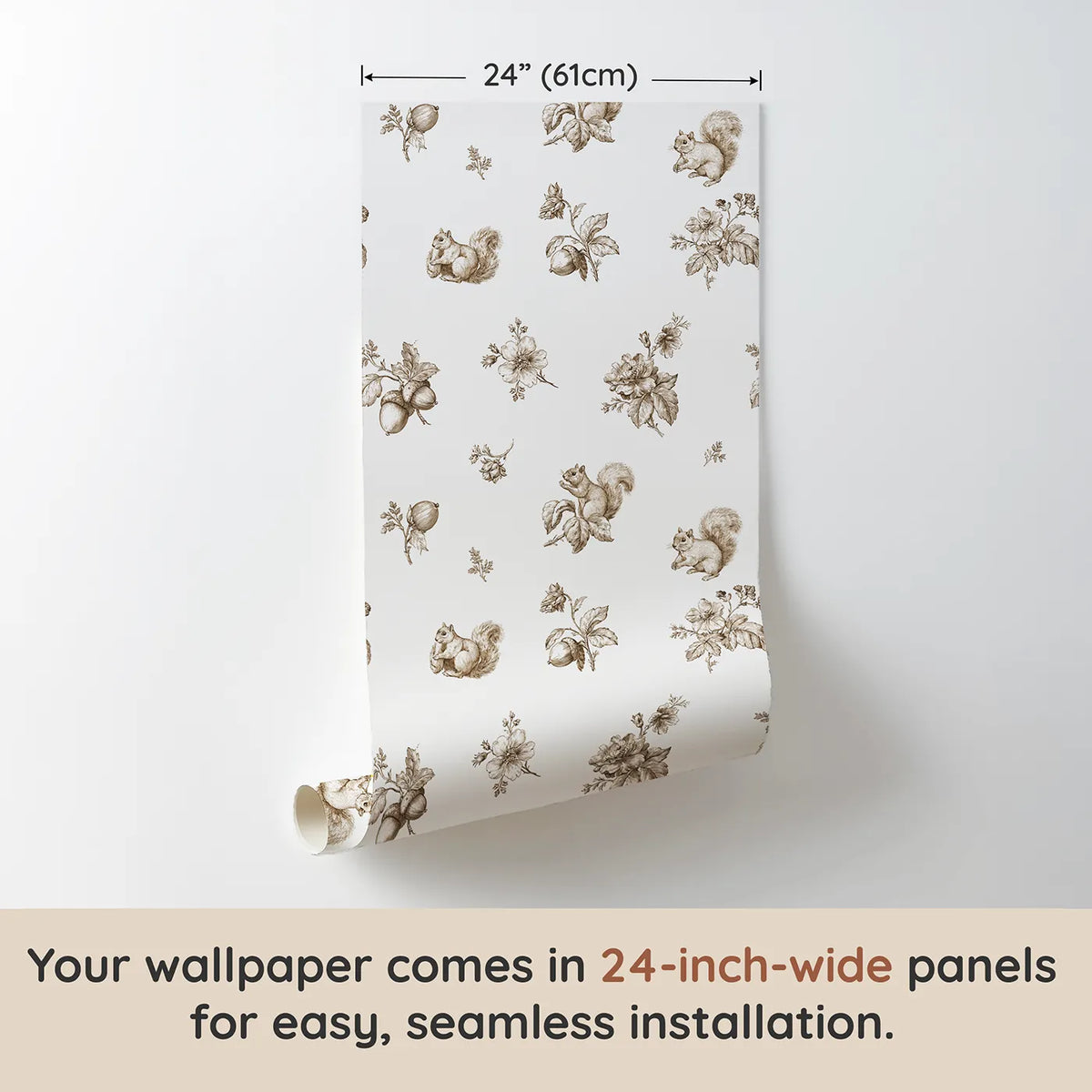 Squirrel Toile Toss in Brown wallpaper panel dimensions - Whimsy Tots