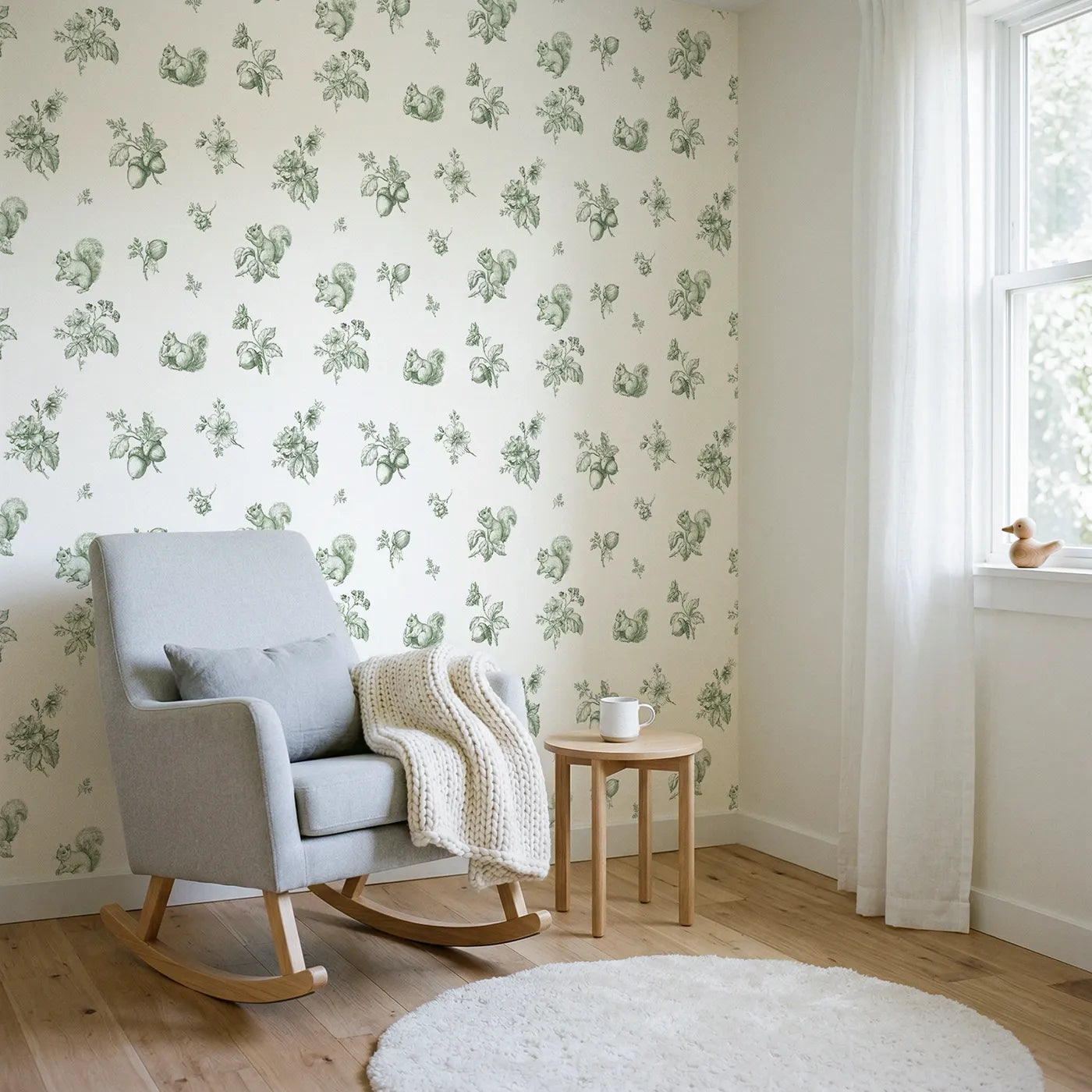 Squirrel Toile Toss in Green wallpaper in a styled nursery - Whimsy Tots