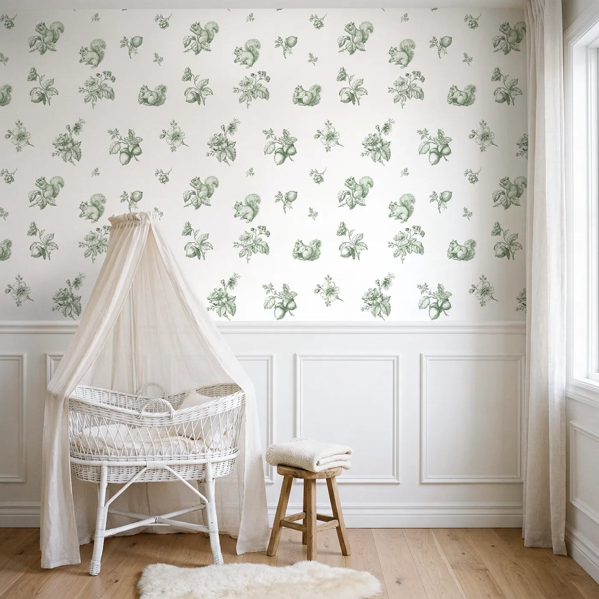 Squirrel Toile Toss in Green wallpaper above wainscoting - Whimsy Tots
