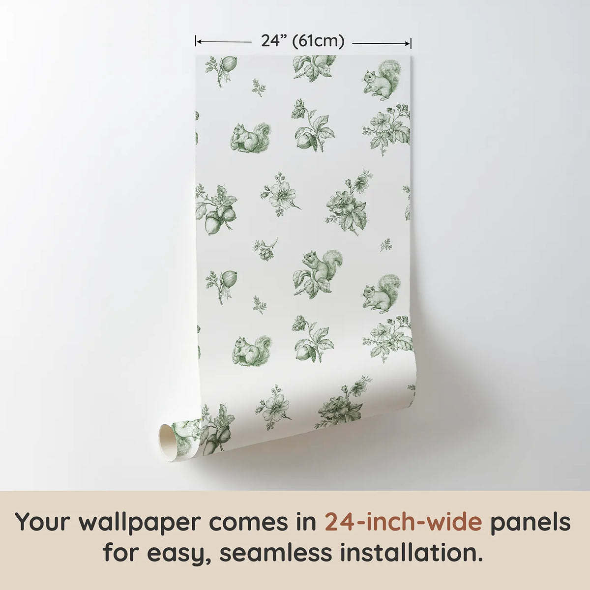 Squirrel Toile Toss in Green wallpaper panel dimensions - Whimsy Tots