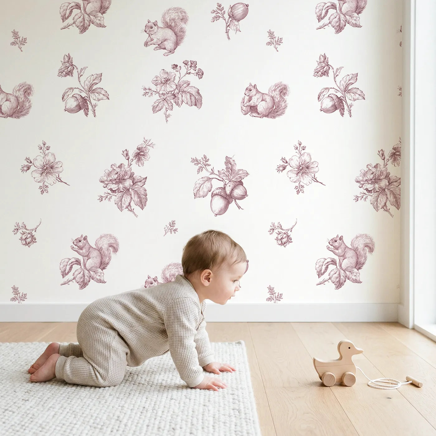 Squirrel Toile Toss in Pink wallpaper in a cozy kids room - Whimsy Tots