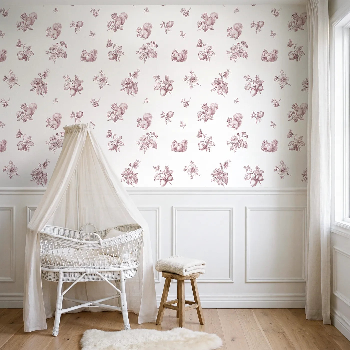 Squirrel Toile Toss in Pink wallpaper above wainscoting - Whimsy Tots
