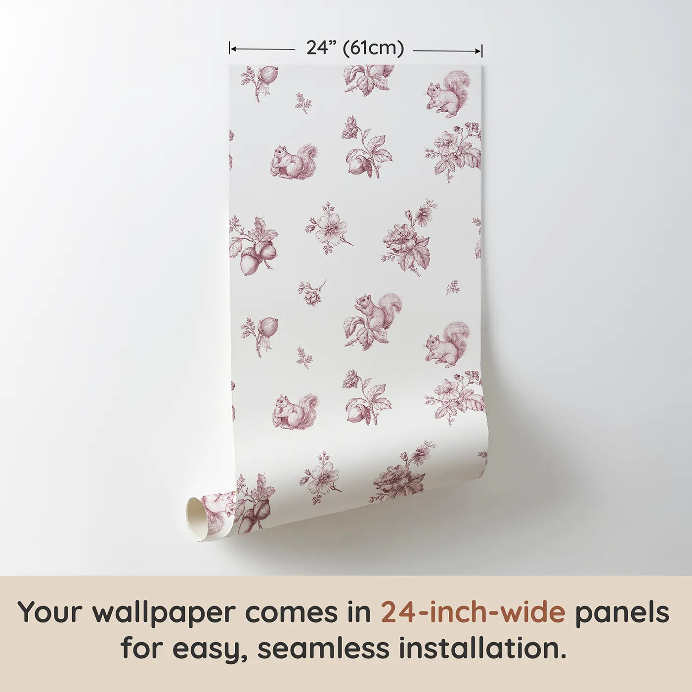 Squirrel Toile Toss in Pink wallpaper panel dimensions - Whimsy Tots