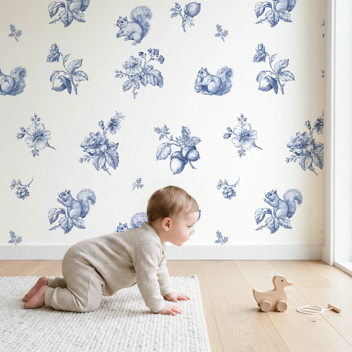 Squirrel Toile Toss wallpaper in a cozy kids room - Whimsy Tots