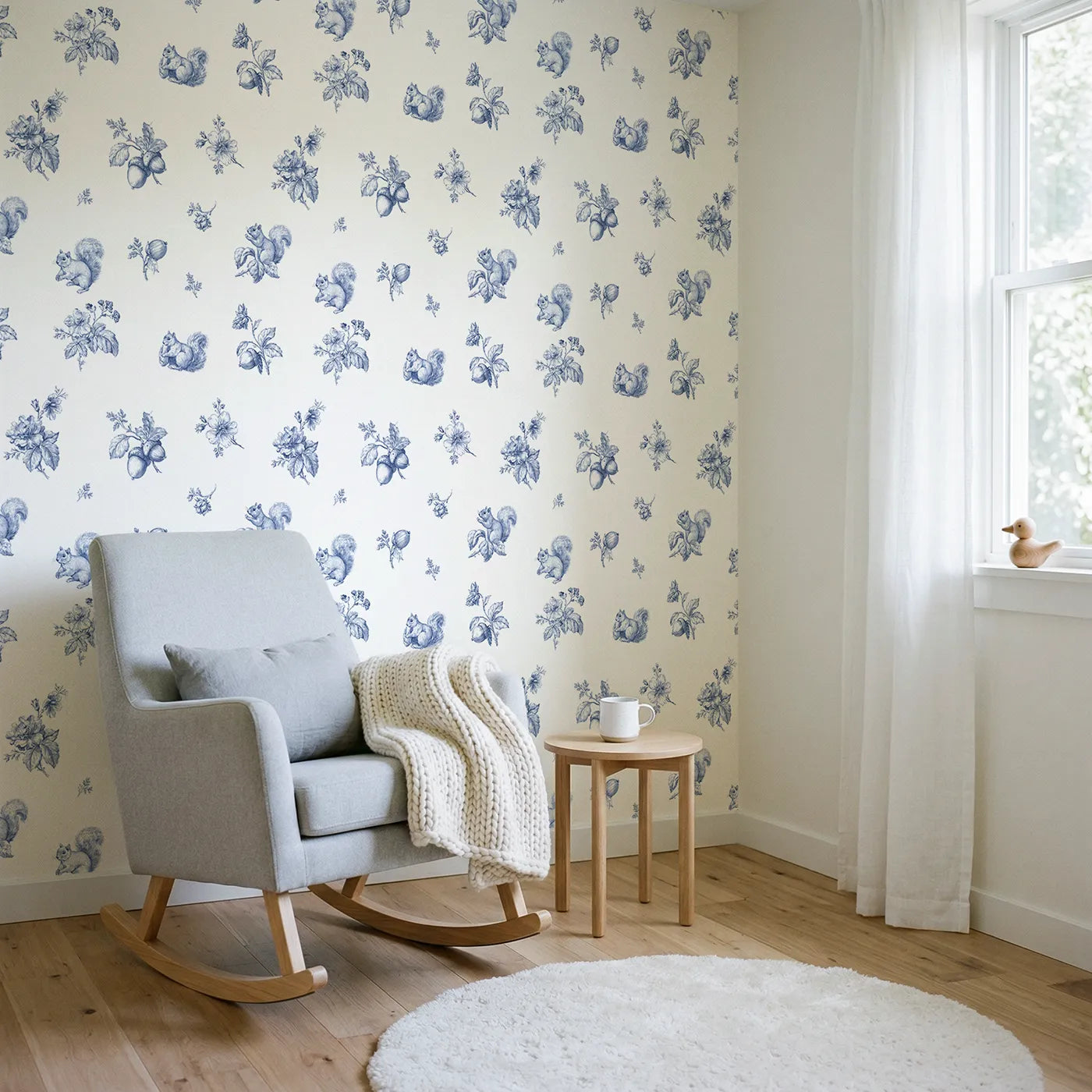 Squirrel Toile Toss wallpaper in a styled nursery - Whimsy Tots