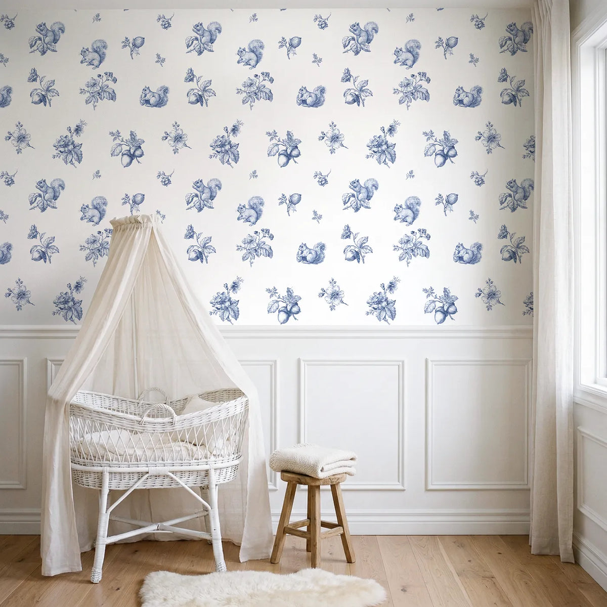 Squirrel Toile Toss wallpaper above wainscoting - Whimsy Tots