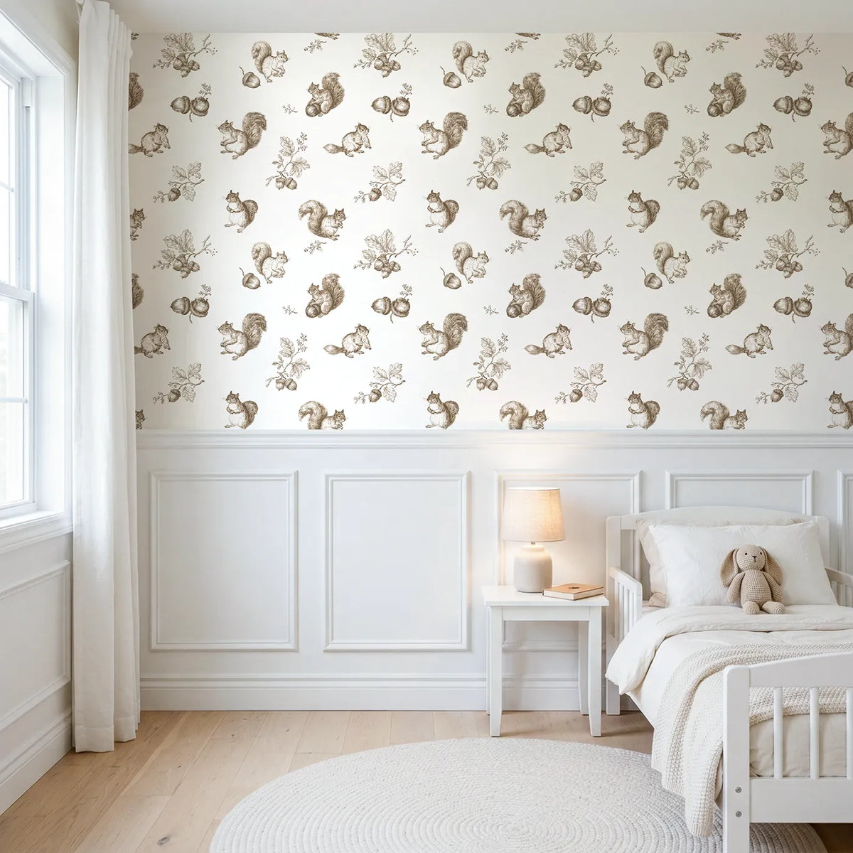 Squirrel Toile Rows in Brown wallpaper above wainscoting - Whimsy Tots