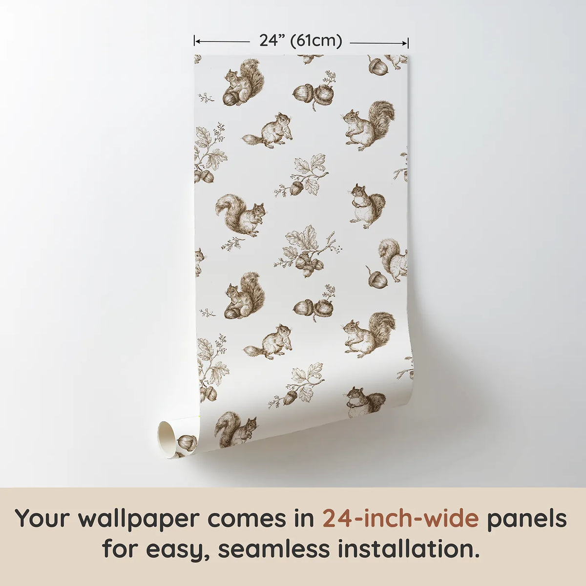 Squirrel Toile Rows in Brown wallpaper panel dimensions - Whimsy Tots