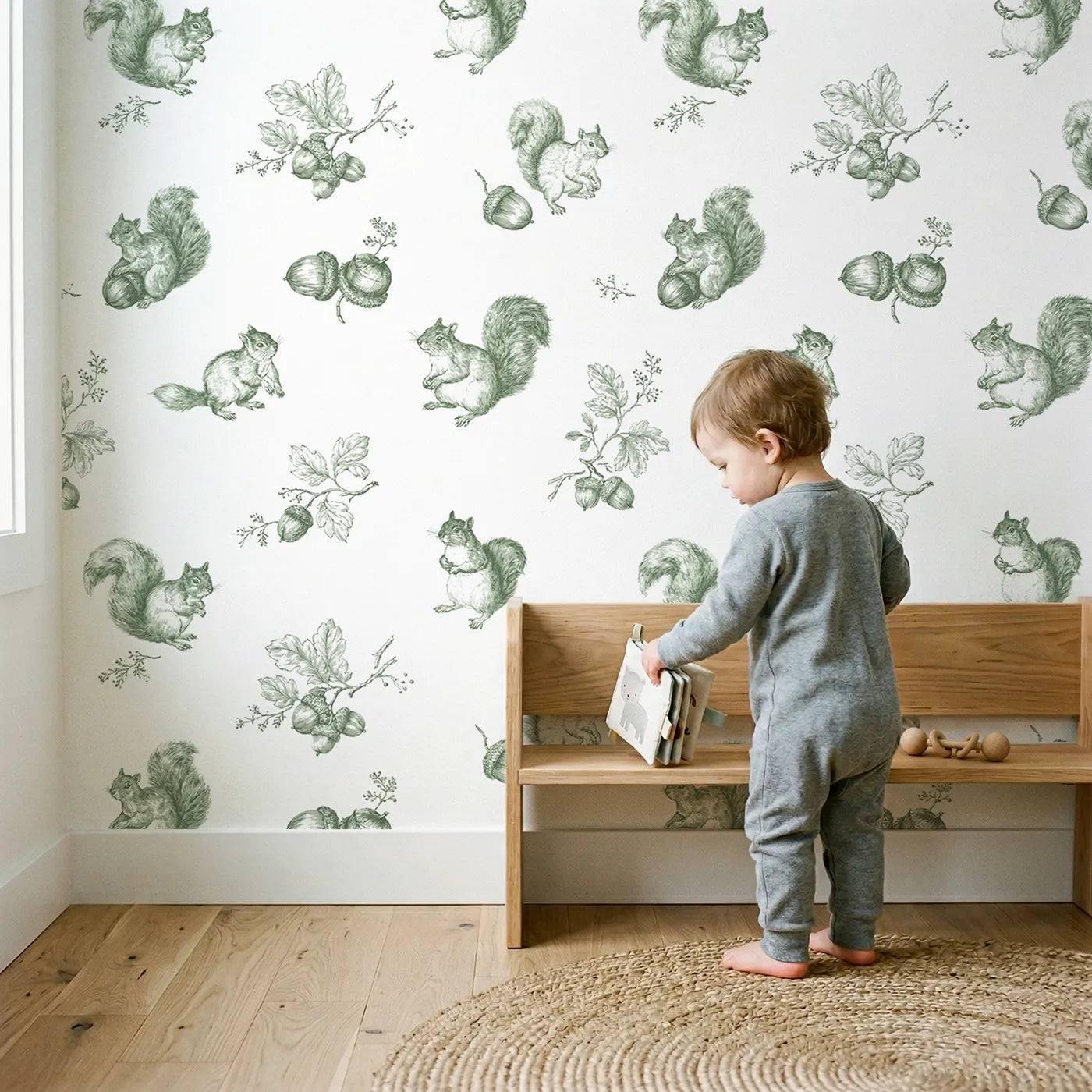 Squirrel Toile Rows in Green wallpaper in a cozy kids room - Whimsy Tots